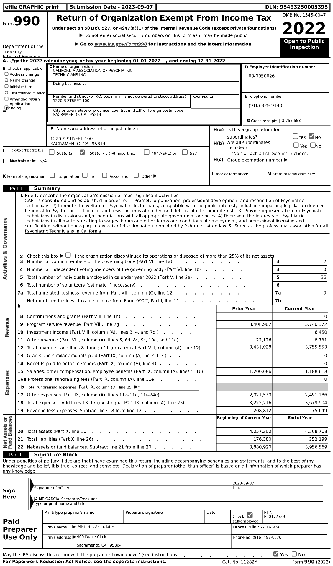 Image of first page of 2022 Form 990 for California Association of Psychiatric Technicians