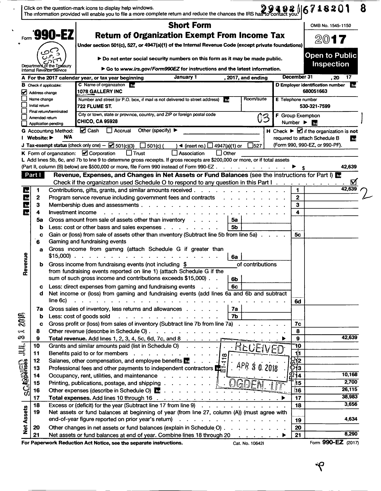 Image of first page of 2017 Form 990EZ for 1078 Gallery