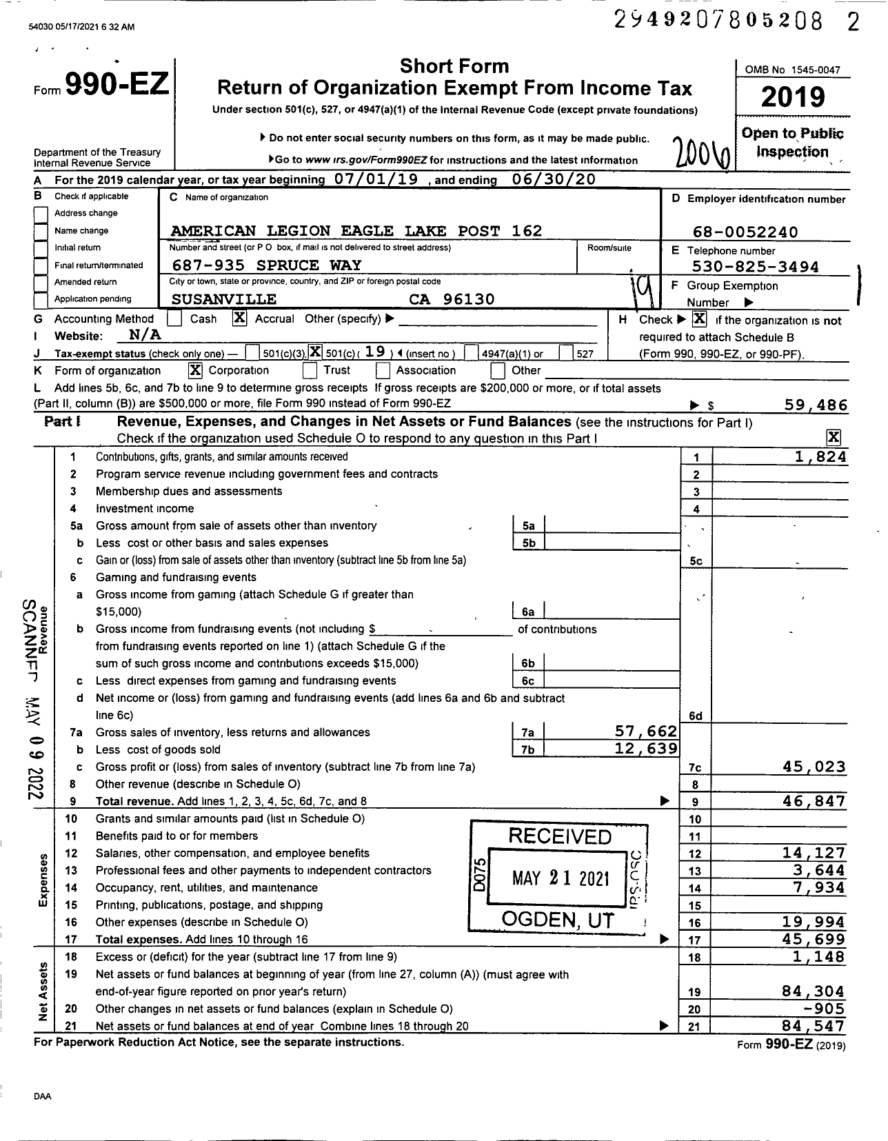 Image of first page of 2019 Form 990EO for American Legion - 0162 Eagle Lake Post