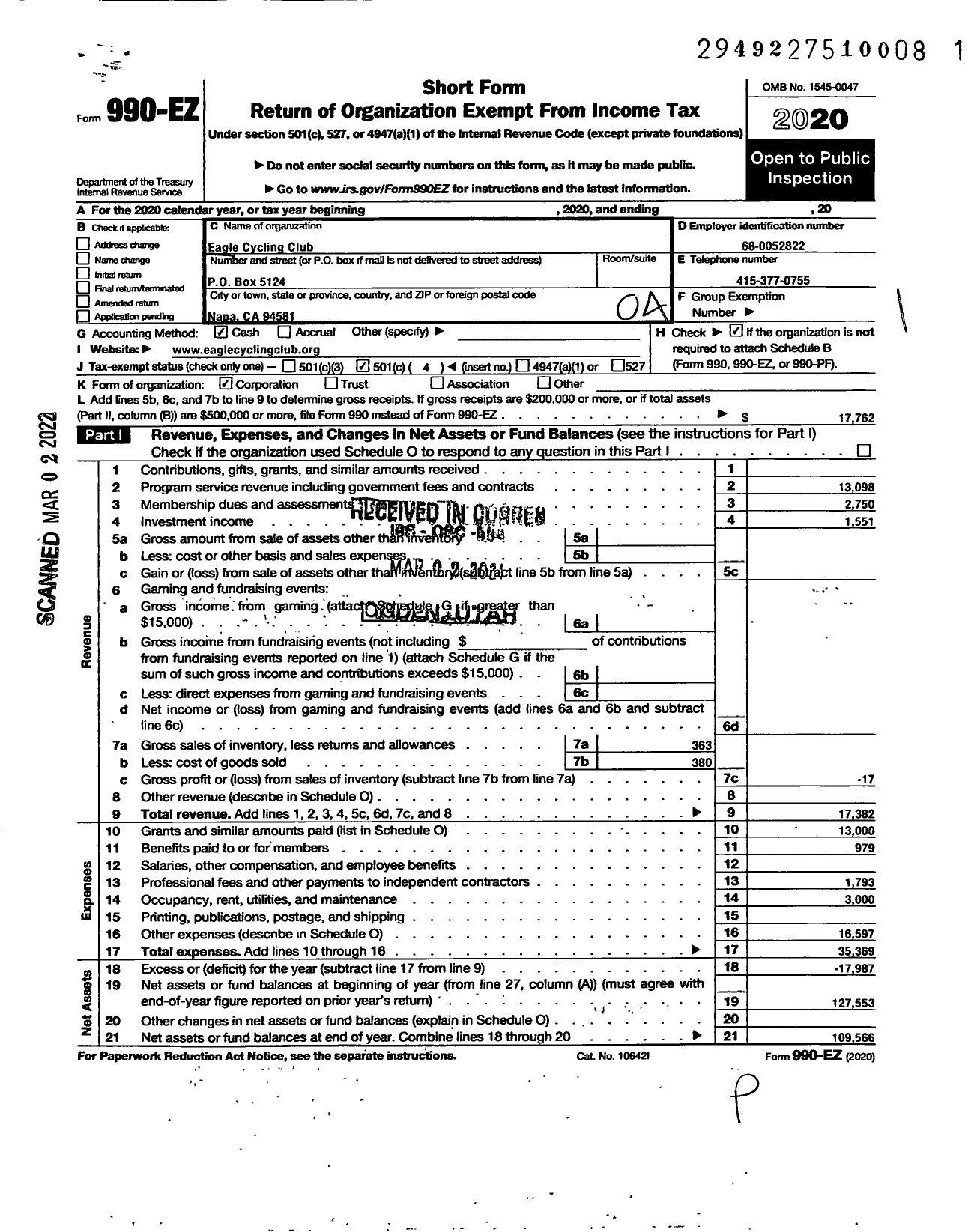 Image of first page of 2020 Form 990EO for Eagle Cycling Club