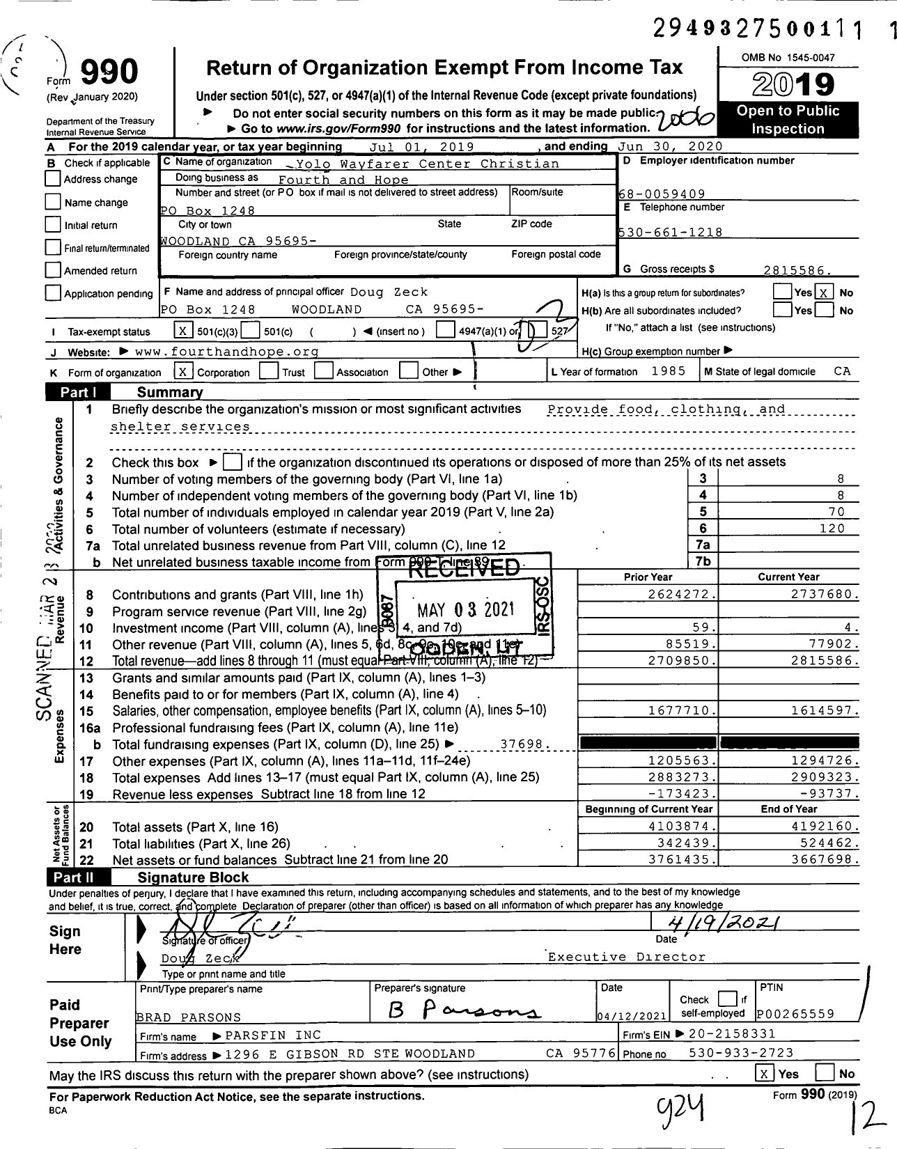 Image of first page of 2019 Form 990 for Yolo Wayfarer Center Christian Fourth and Hope