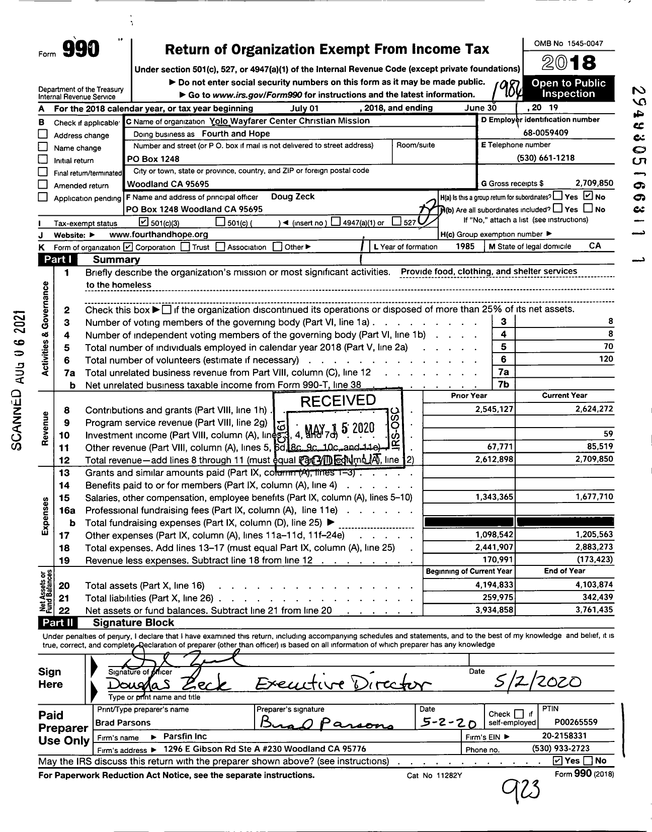 Image of first page of 2018 Form 990 for Yolo Wayfarer Center Christian Fourth and Hope
