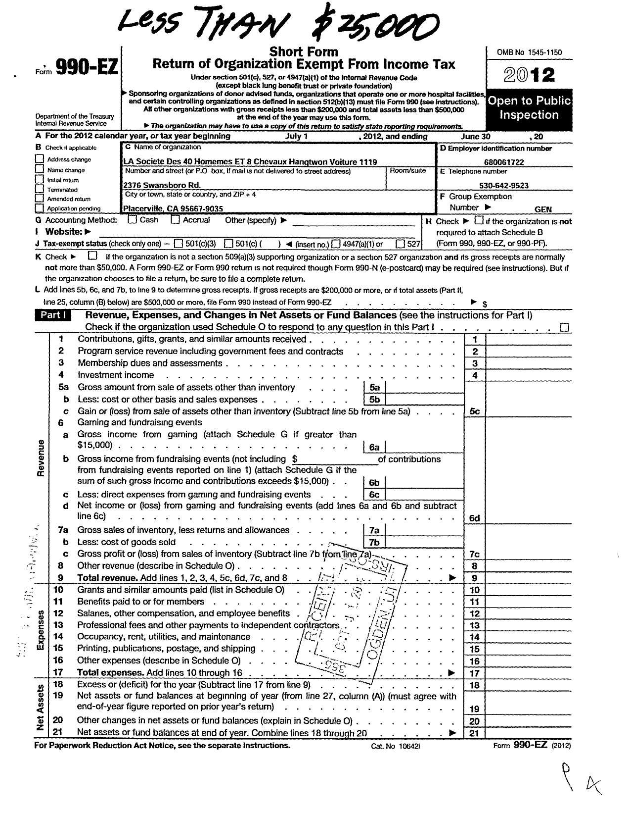 Image of first page of 2012 Form 990EO for La Societe Des 40 Hommes Et 8 Chevaux Hangtown Voiture 1119