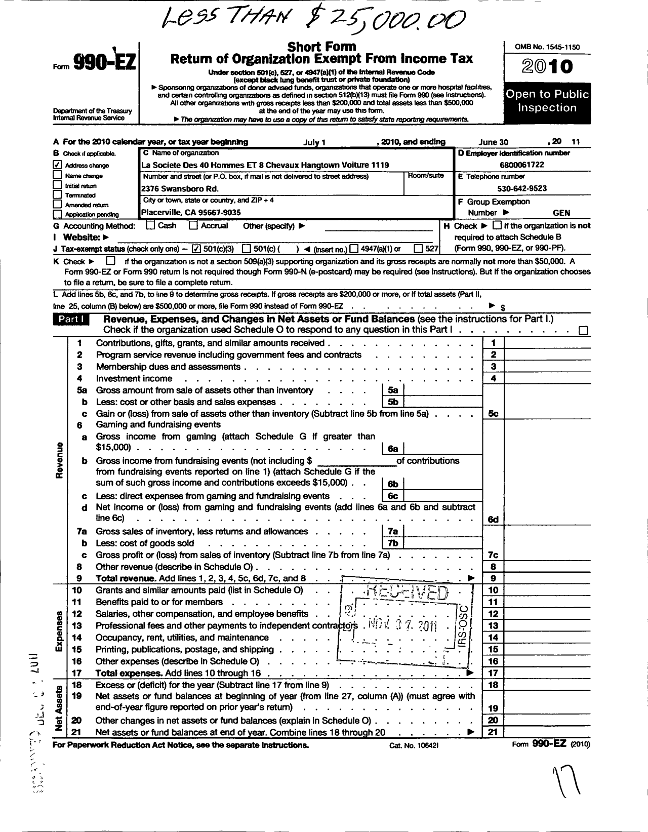 Image of first page of 2010 Form 990EZ for La Societe Des 40 Hommes Et 8 Chevaux Hangtown Voiture 1119