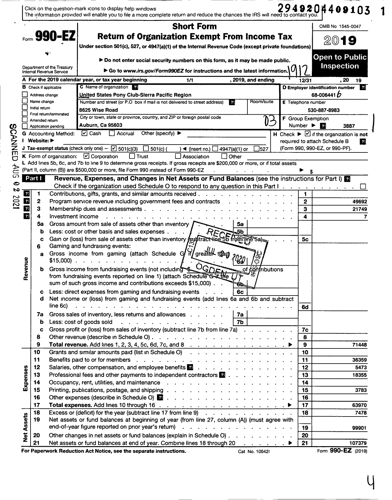 Image of first page of 2019 Form 990EZ for THE UNITED STATES PONY CLUBS INC Sierra Pacific Region