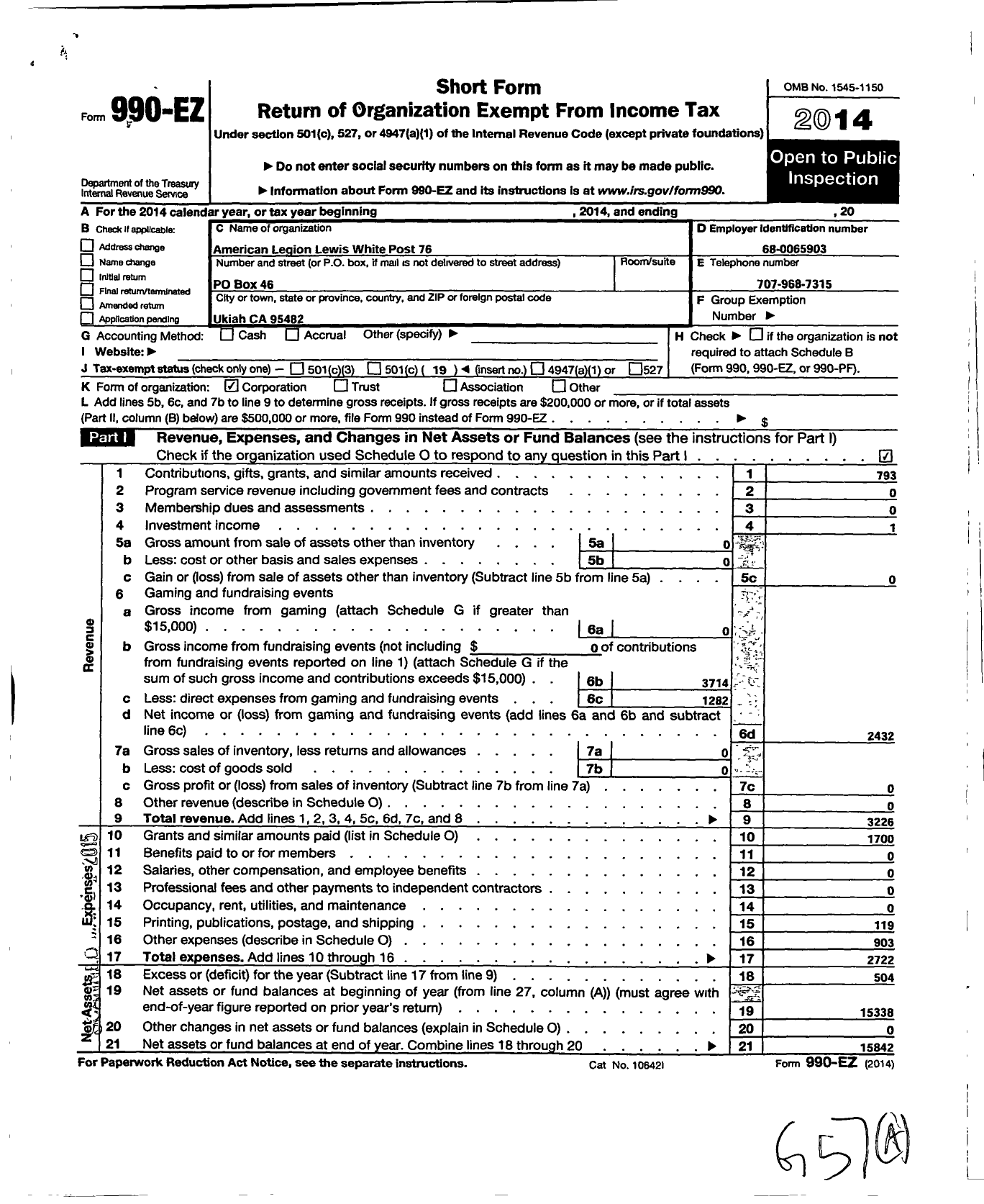 Image of first page of 2014 Form 990EO for American Legion Lewis White Post 76