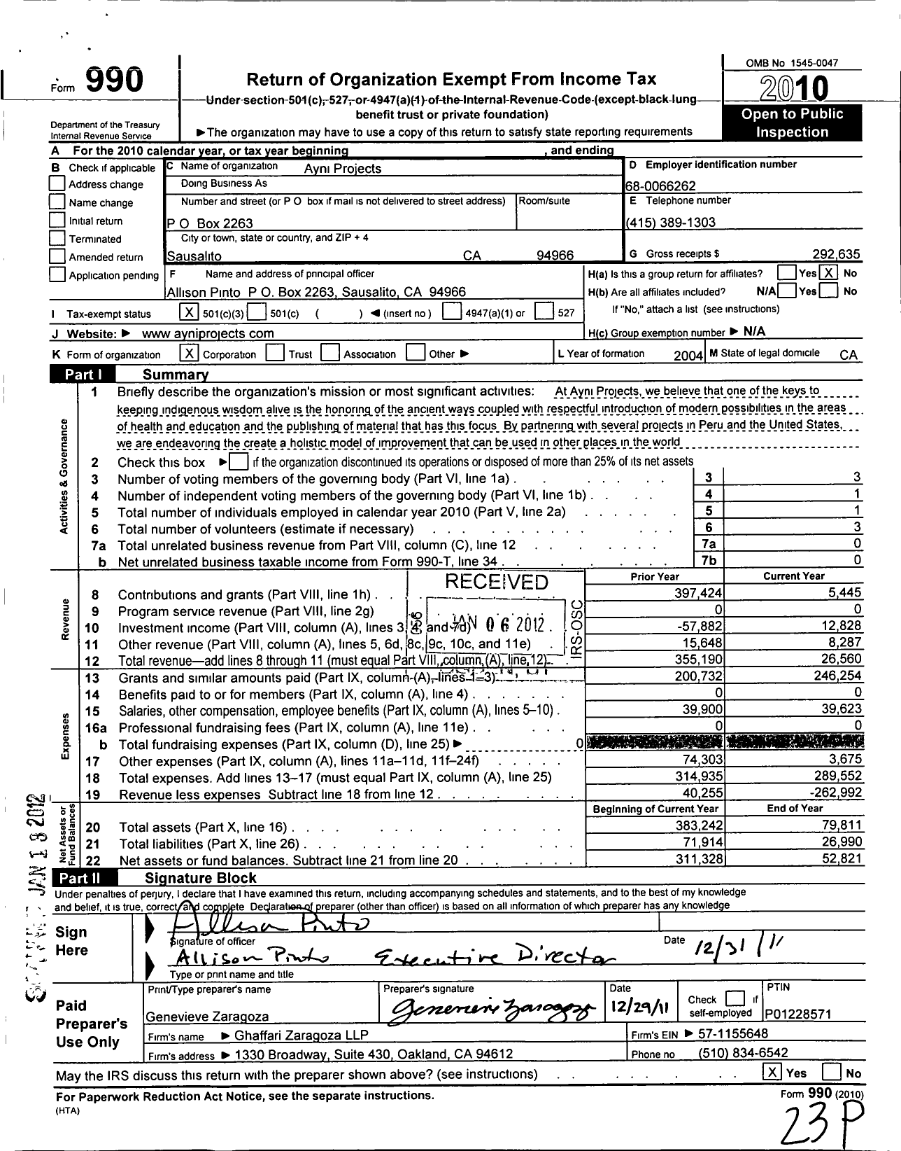 Image of first page of 2010 Form 990 for Ayni Projects