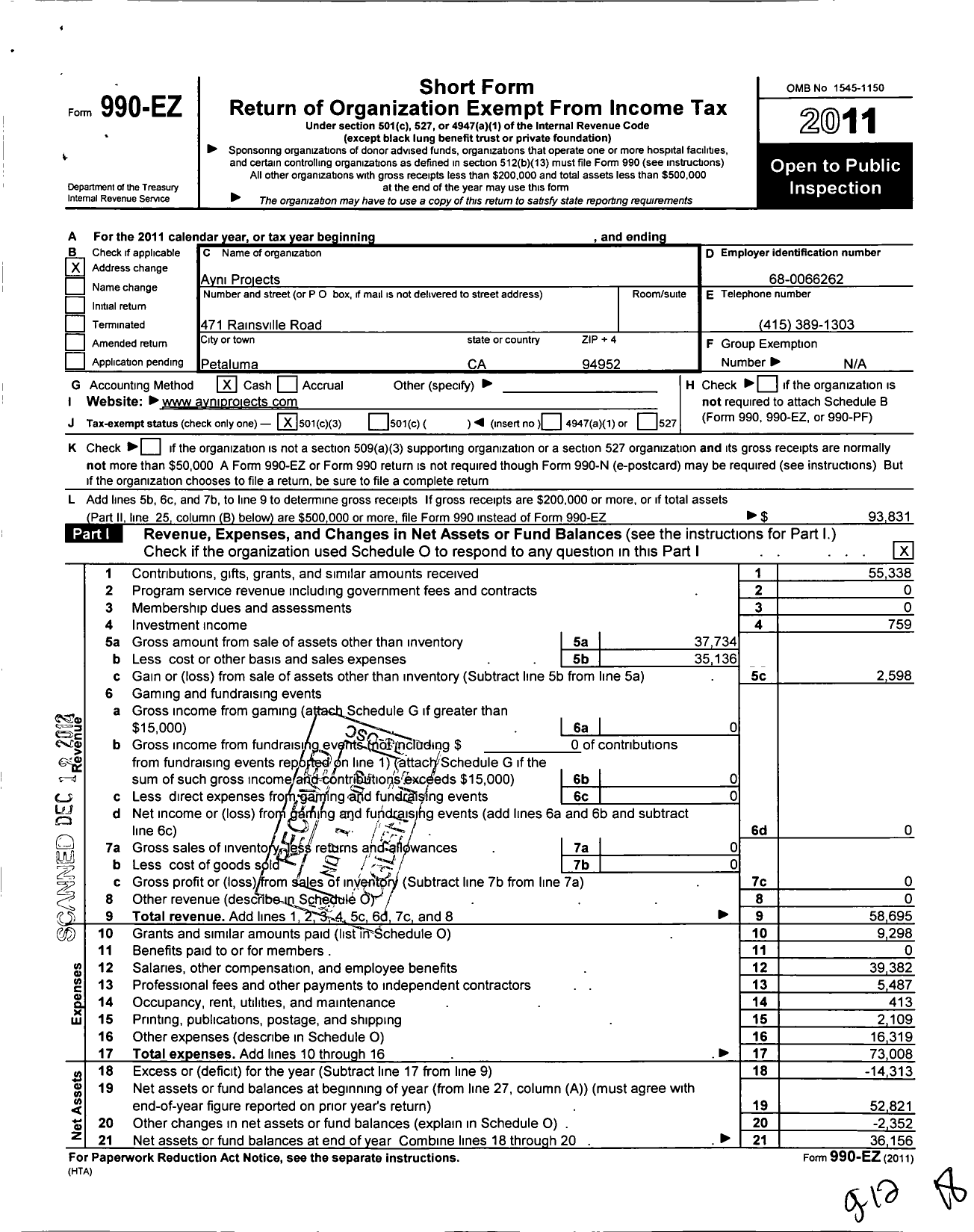 Image of first page of 2011 Form 990EZ for Ayni Projects