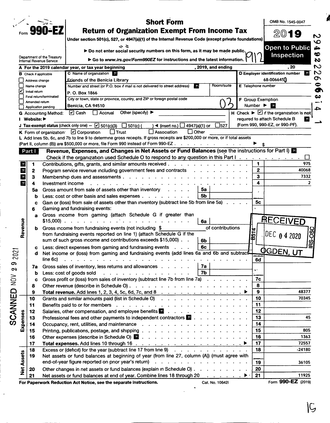 Image of first page of 2019 Form 990EZ for Friends of Benicia Public Library