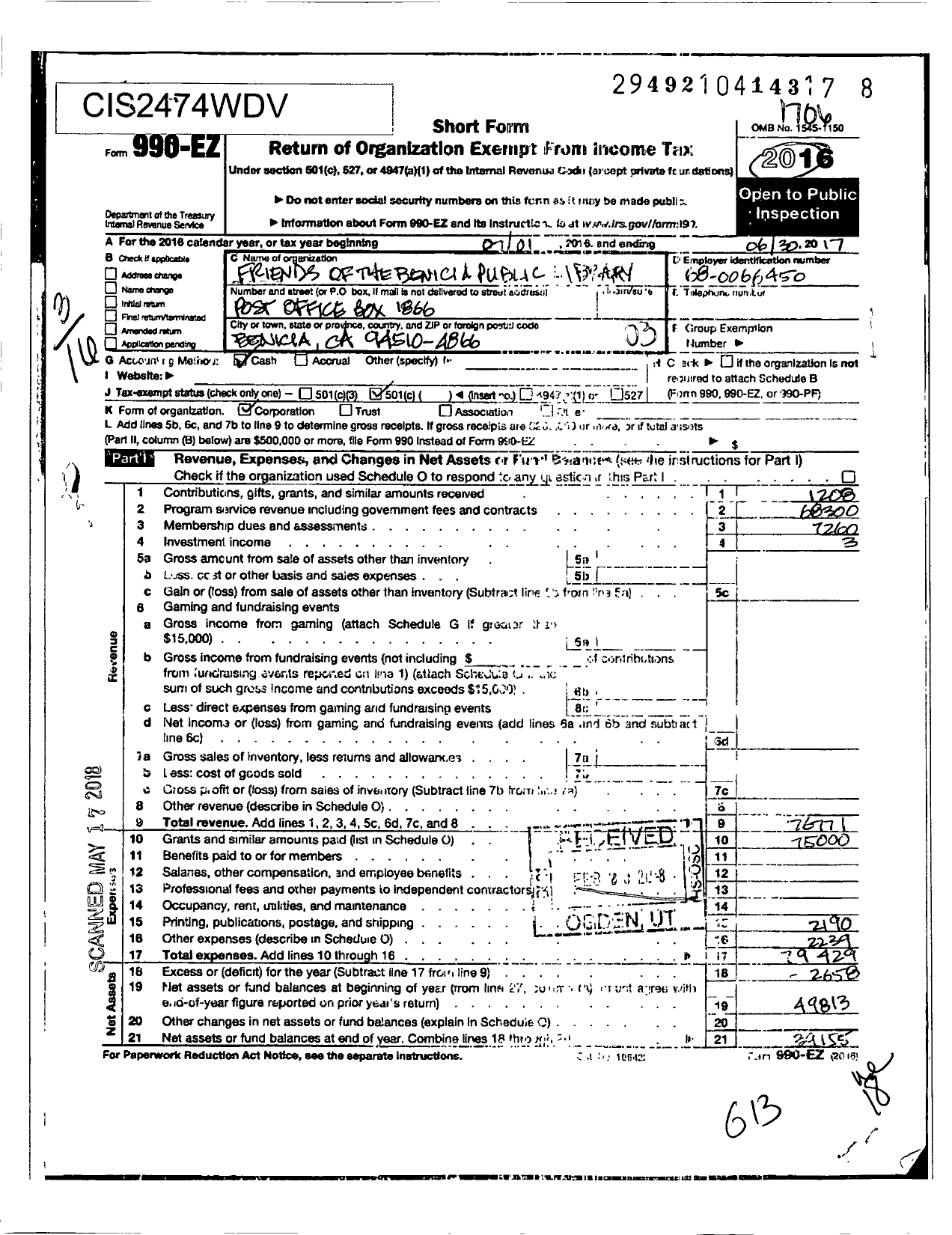 Image of first page of 2016 Form 990EZ for Friends of Benicia Public Library