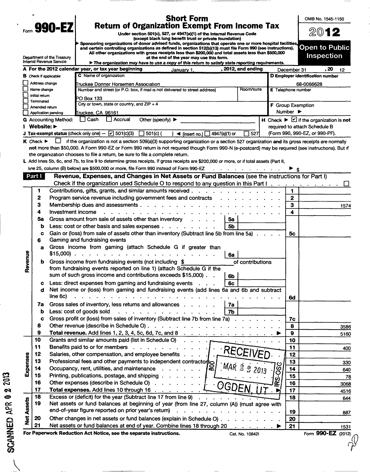 Image of first page of 2012 Form 990EZ for Truckee Donner Horsemen