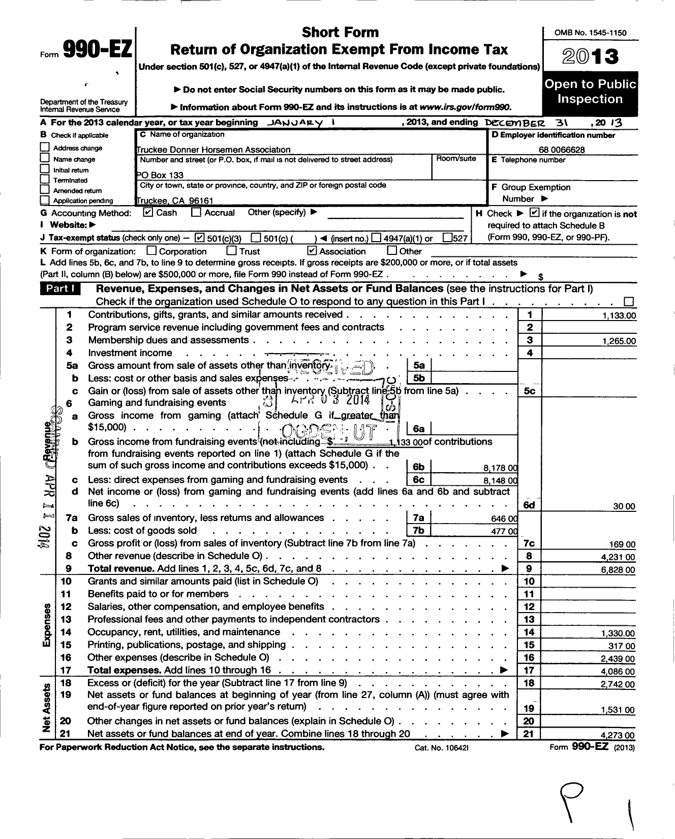 Image of first page of 2013 Form 990EZ for Truckee Donner Horsemen