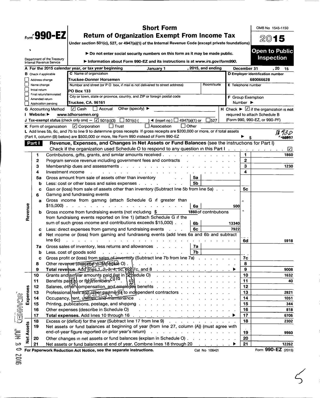 Image of first page of 2015 Form 990EZ for Truckee Donner Horsemen