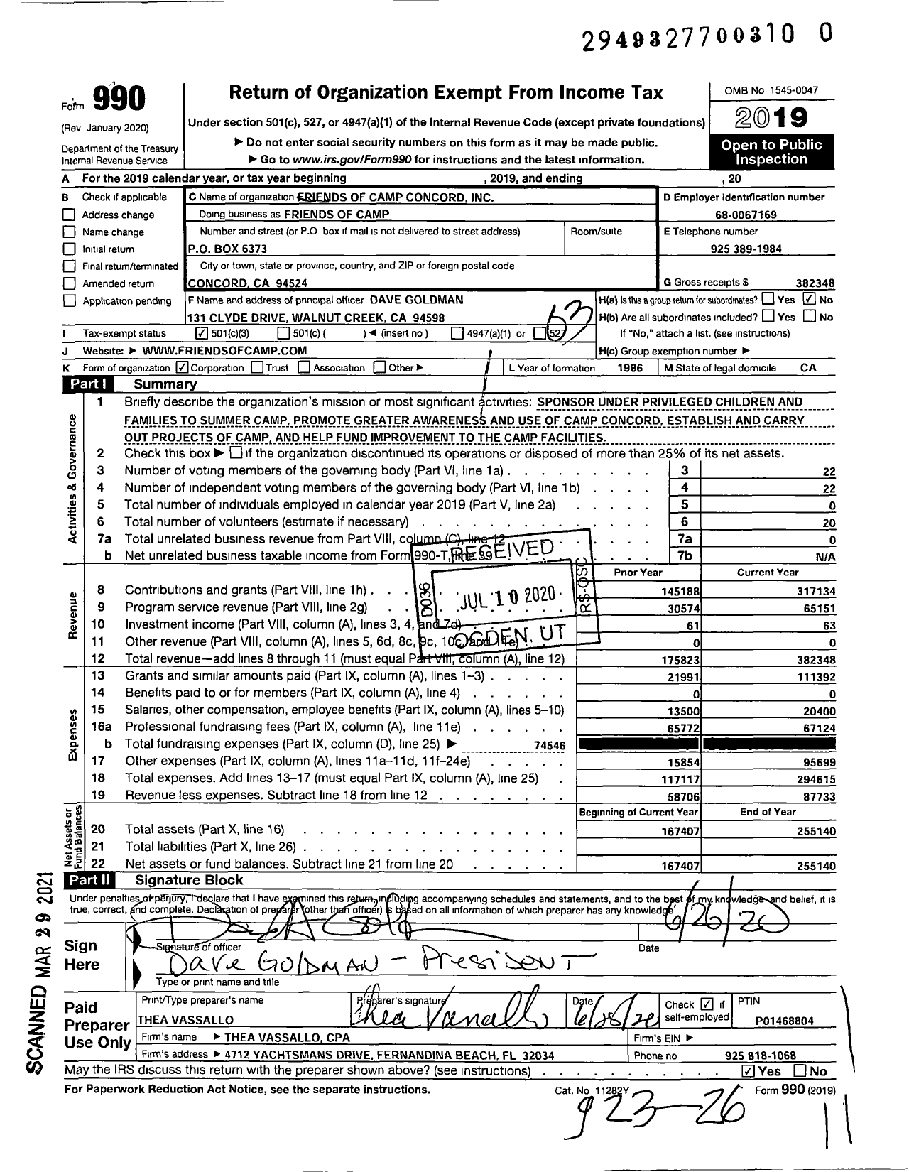 Image of first page of 2019 Form 990 for Friends of Camp Concord