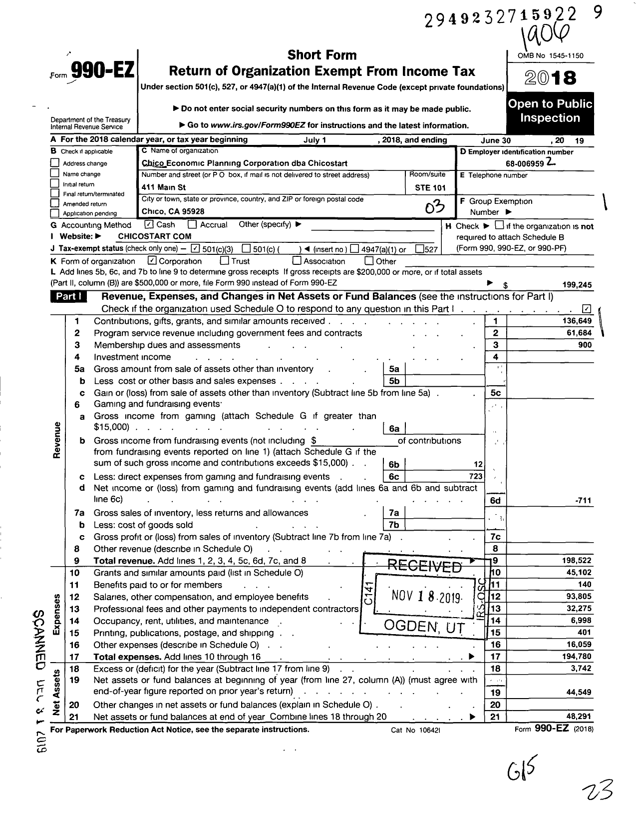 Image of first page of 2018 Form 990EZ for Chico Economic Planning Corporation ChicoStart