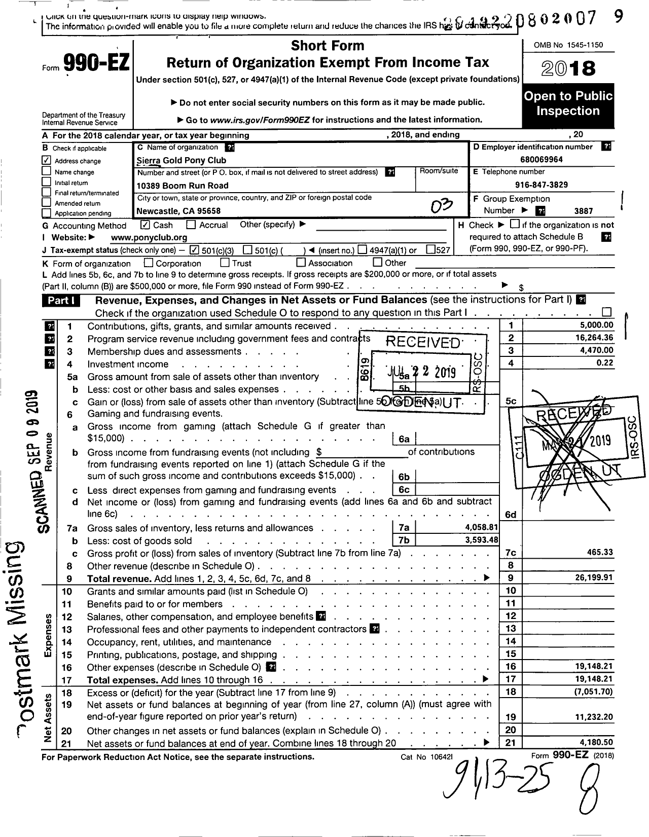 Image of first page of 2018 Form 990EZ for The United State Pony Clubs / Sierra Gold Pony Club