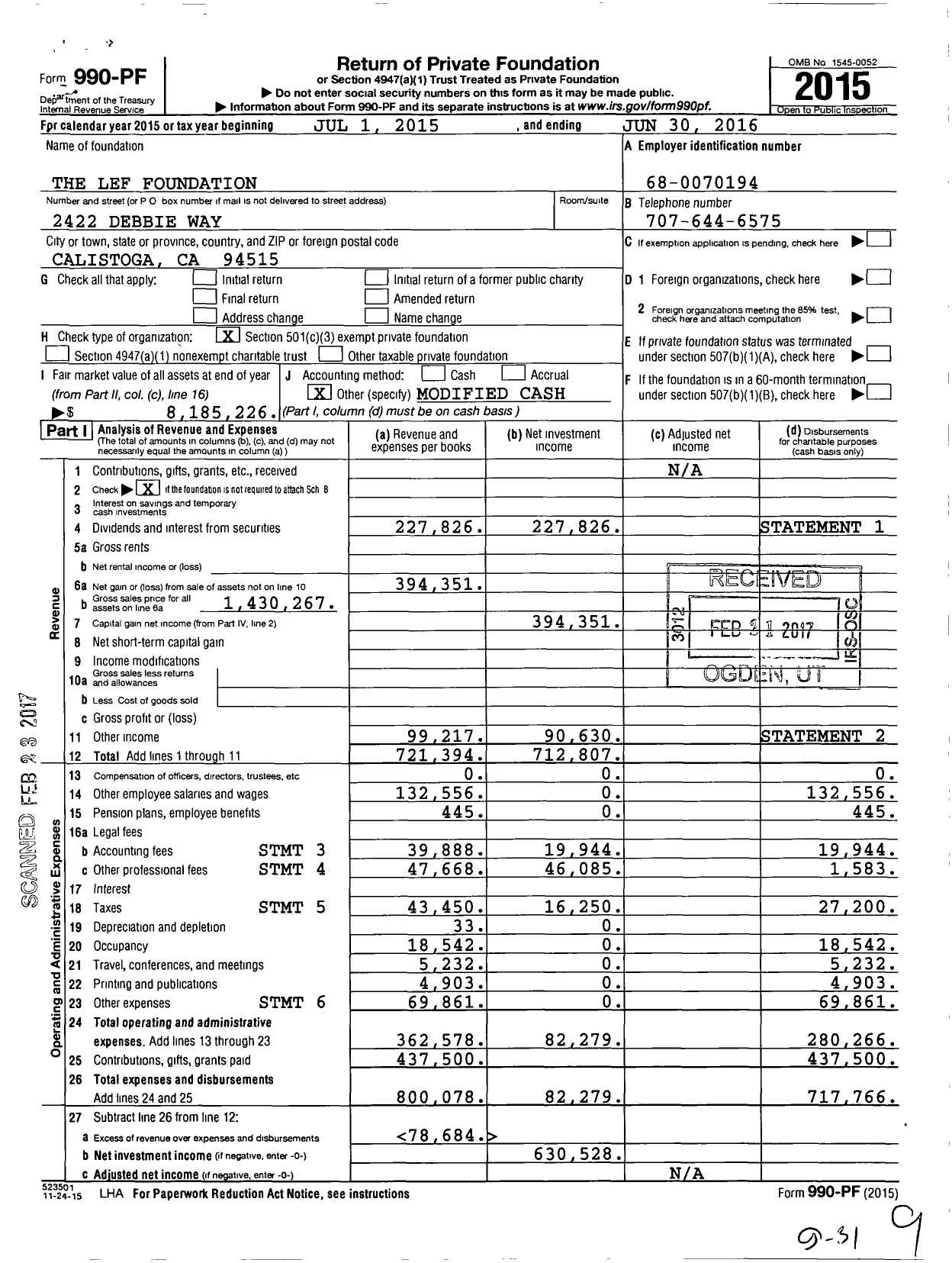 Image of first page of 2015 Form 990PF for The LEF Foundation