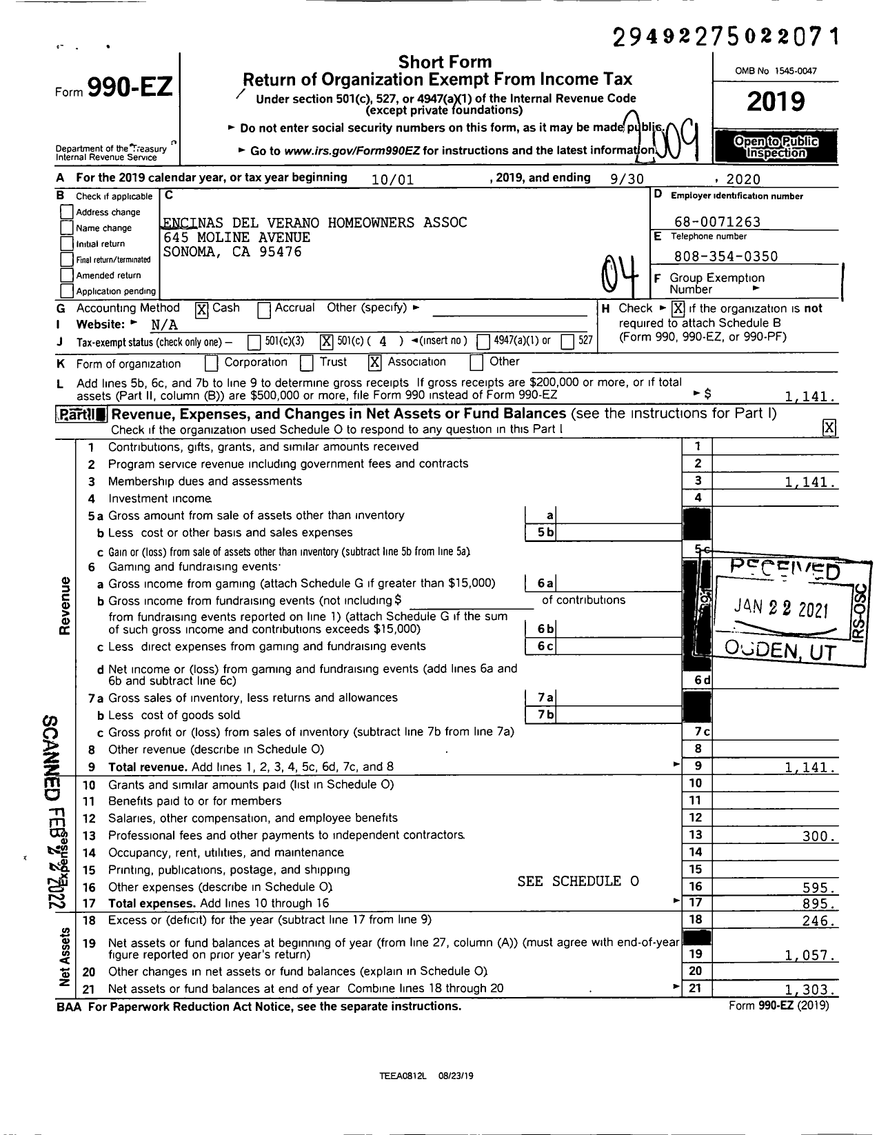 Image of first page of 2019 Form 990EO for Encinas Del Verano Homeowners Association