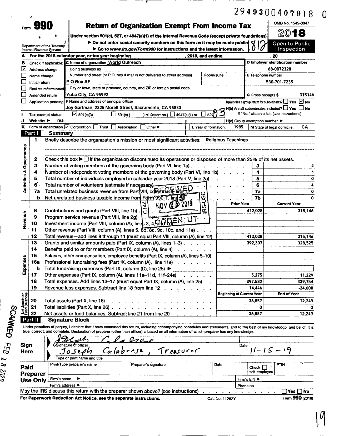 Image of first page of 2018 Form 990 for World Outreach