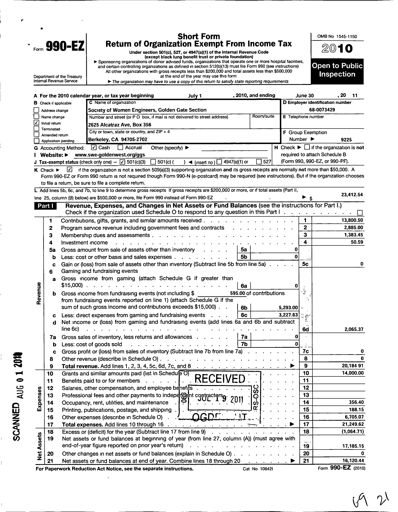 Image of first page of 2010 Form 990EZ for Society of Women Engineers / Golden Gate Section