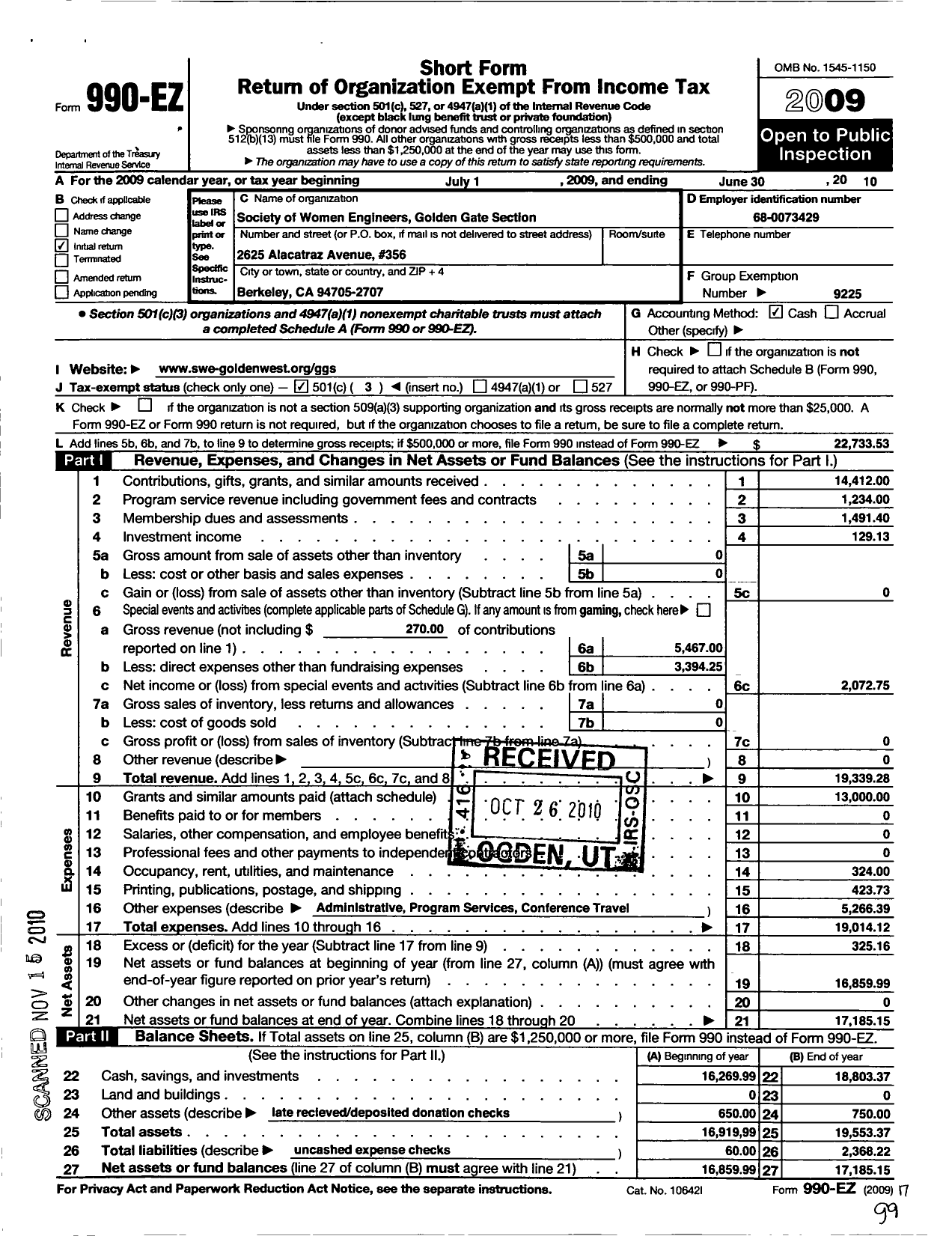 Image of first page of 2009 Form 990EZ for Society of Women Engineers / Golden Gate Section