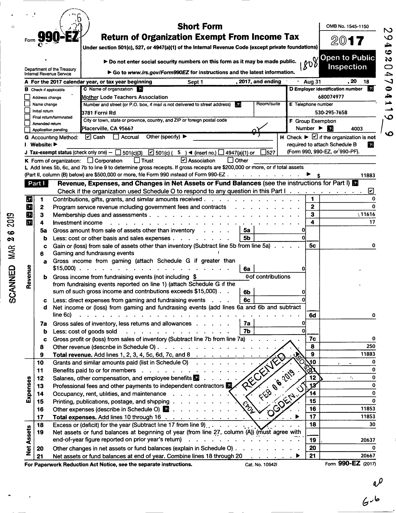 Image of first page of 2017 Form 990EO for California Teachers Association - Mother Lode Un SCH Dist Fac Asso