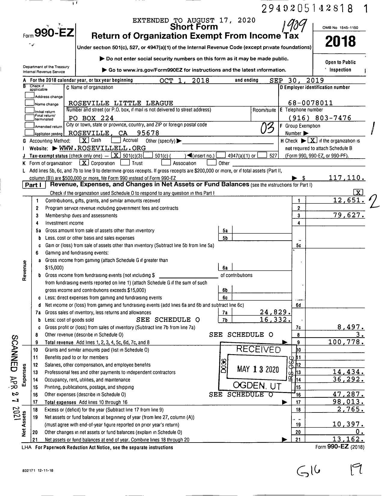 Image of first page of 2018 Form 990EZ for Roseville West Little League