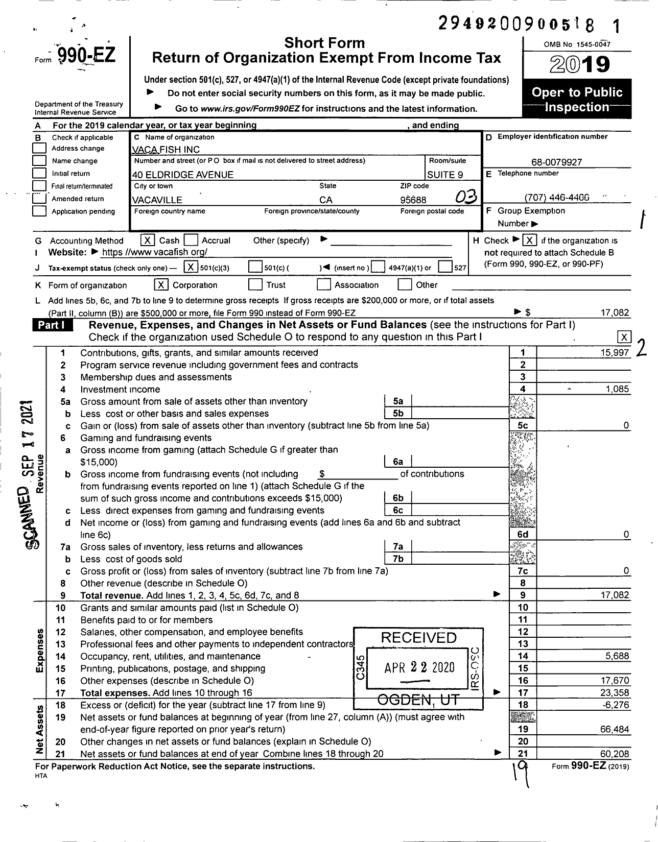 Image of first page of 2019 Form 990EZ for Vaca Fish