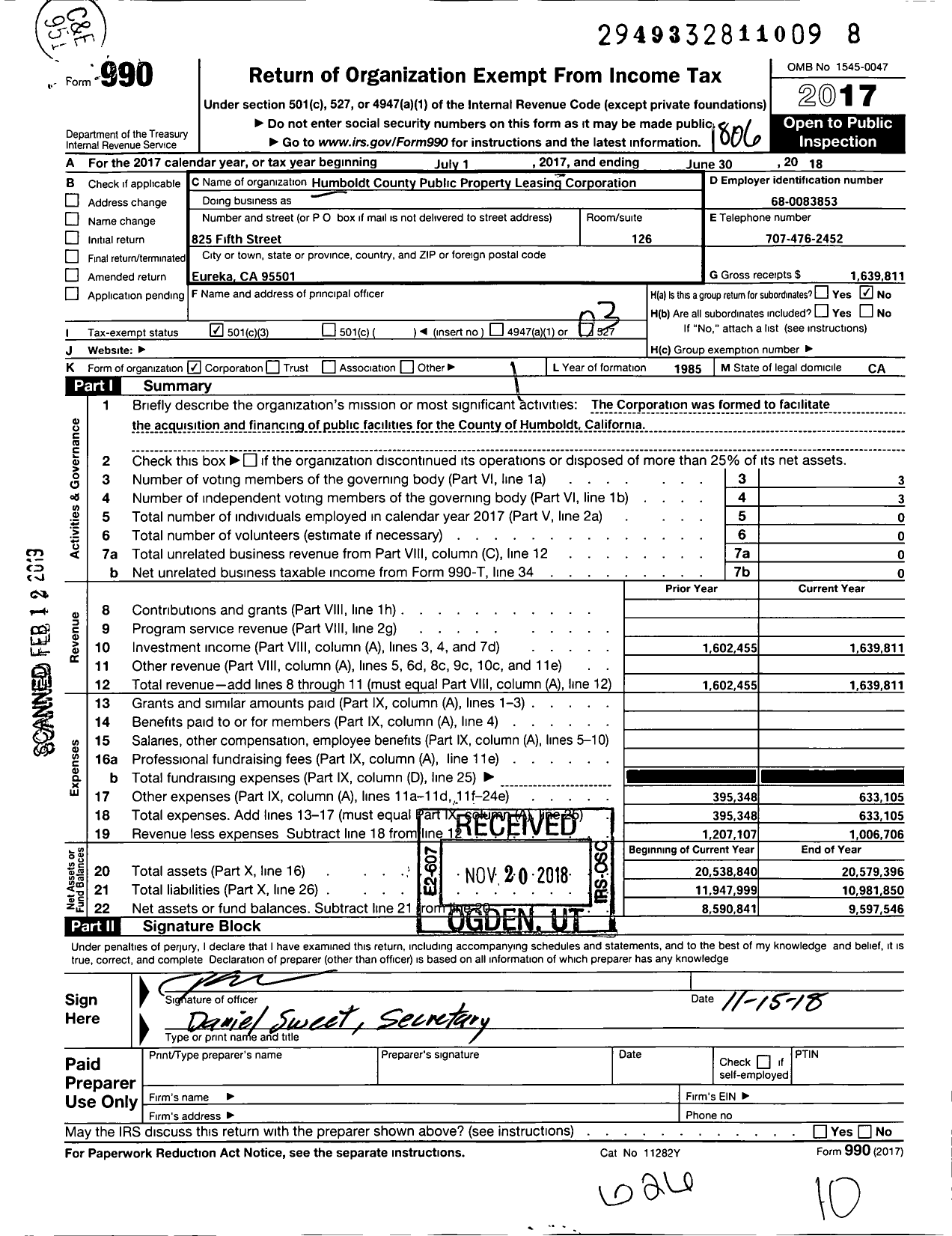 Image of first page of 2017 Form 990 for Humboldt County Public Property Leasing Corporation