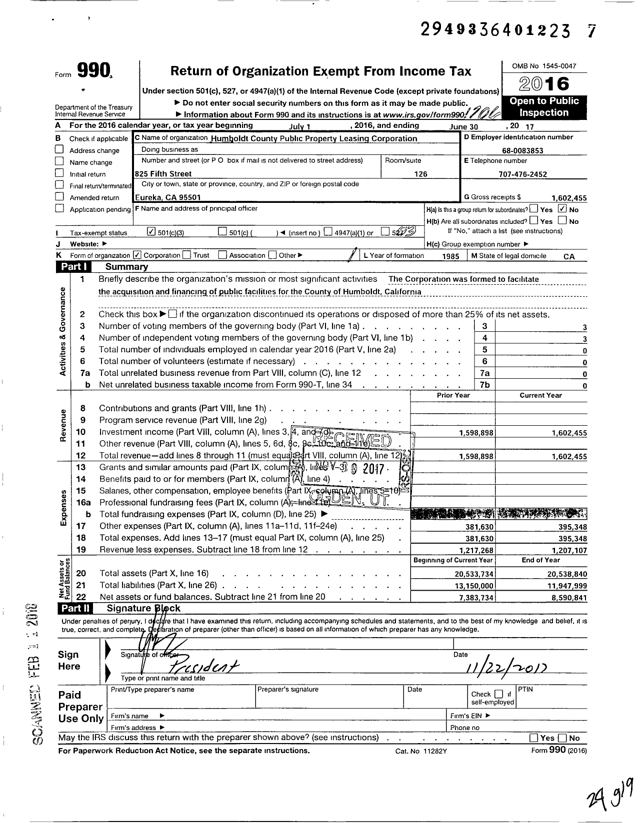 Image of first page of 2016 Form 990 for Humboldt County Public Property Leasing Corporation
