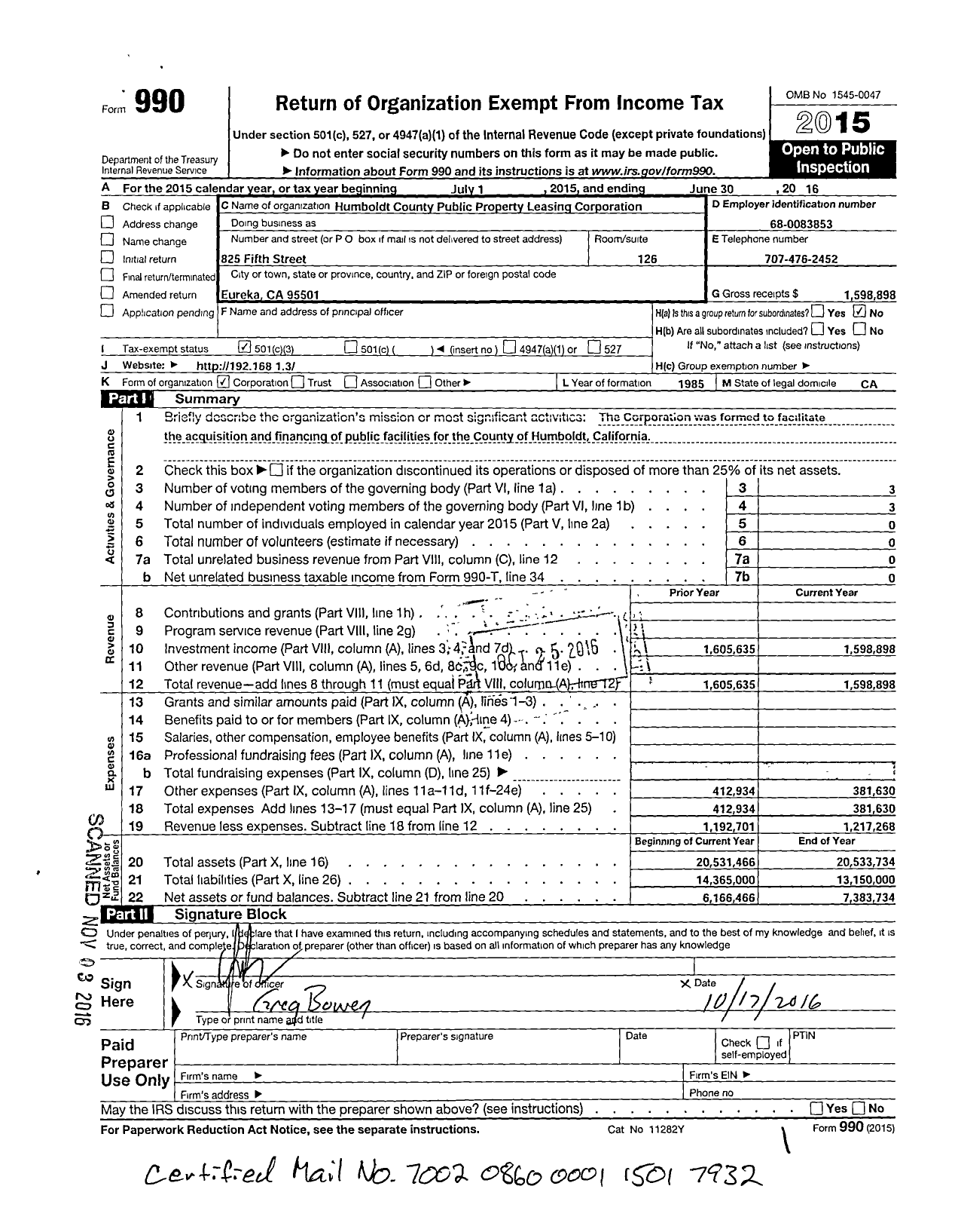 Image of first page of 2015 Form 990 for Humboldt County Public Property Leasing Corporation
