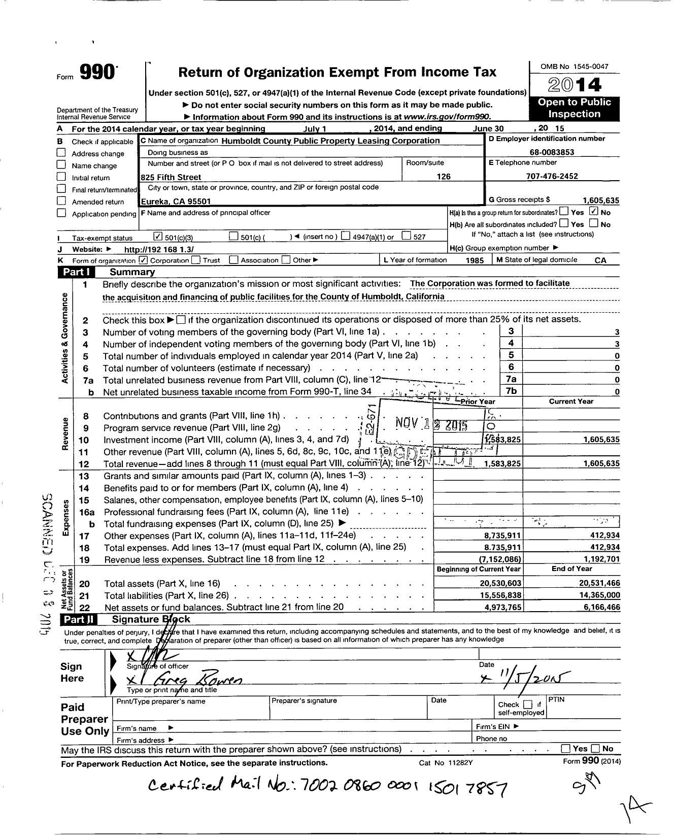 Image of first page of 2014 Form 990 for Humboldt County Public Property Leasing Corporation