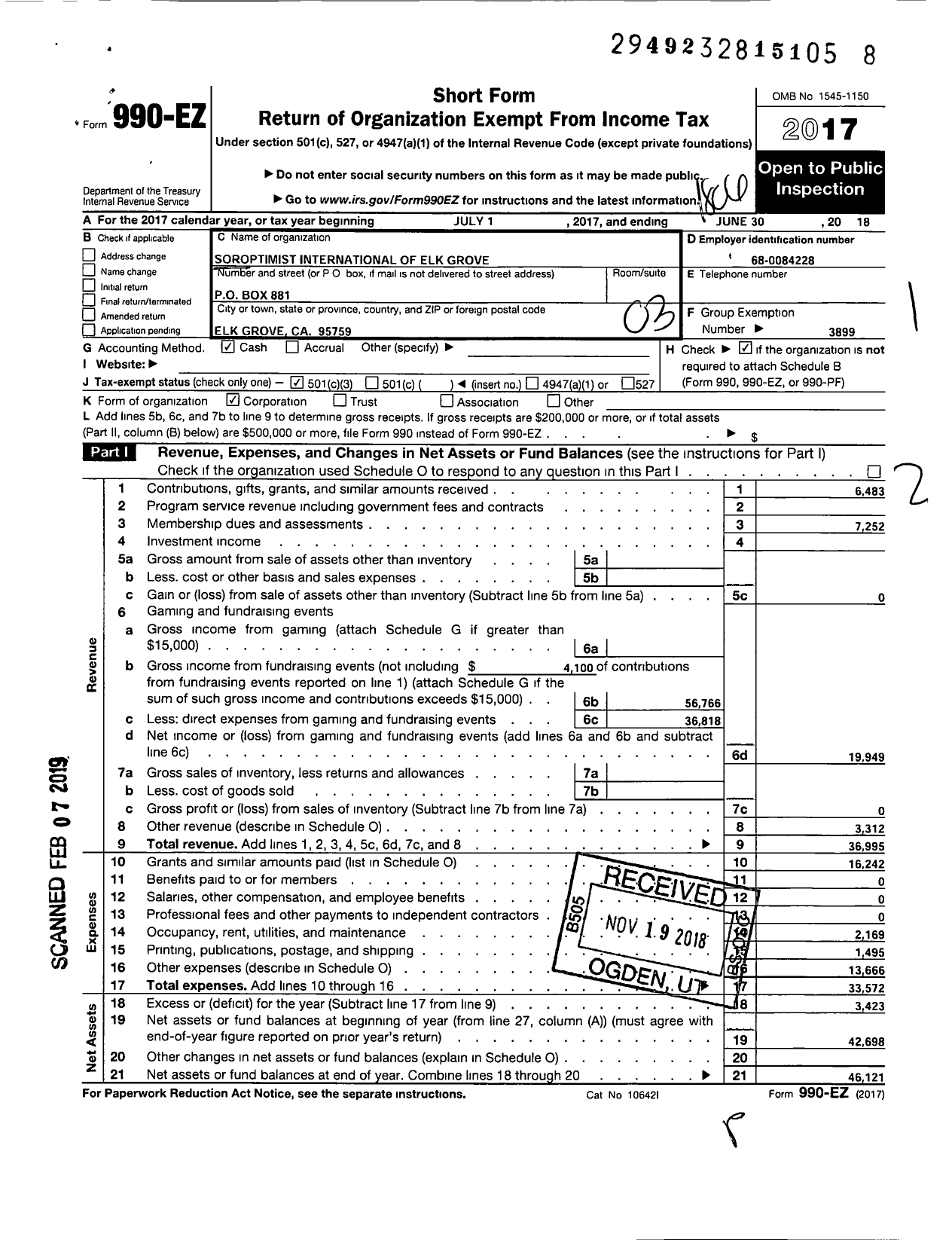 Image of first page of 2017 Form 990EZ for Soroptimist International of the Americas - 116510 Elk Grove Ca