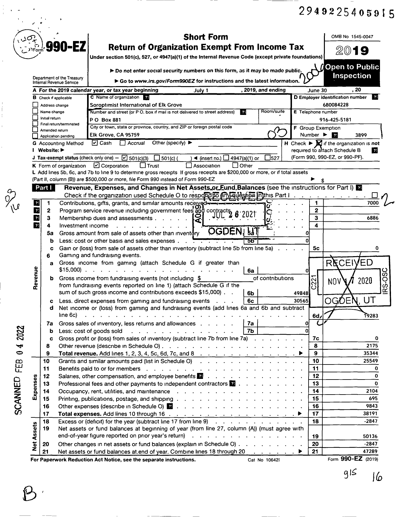 Image of first page of 2019 Form 990EZ for Soroptimist International of the Americas - 116510 Elk Grove Ca