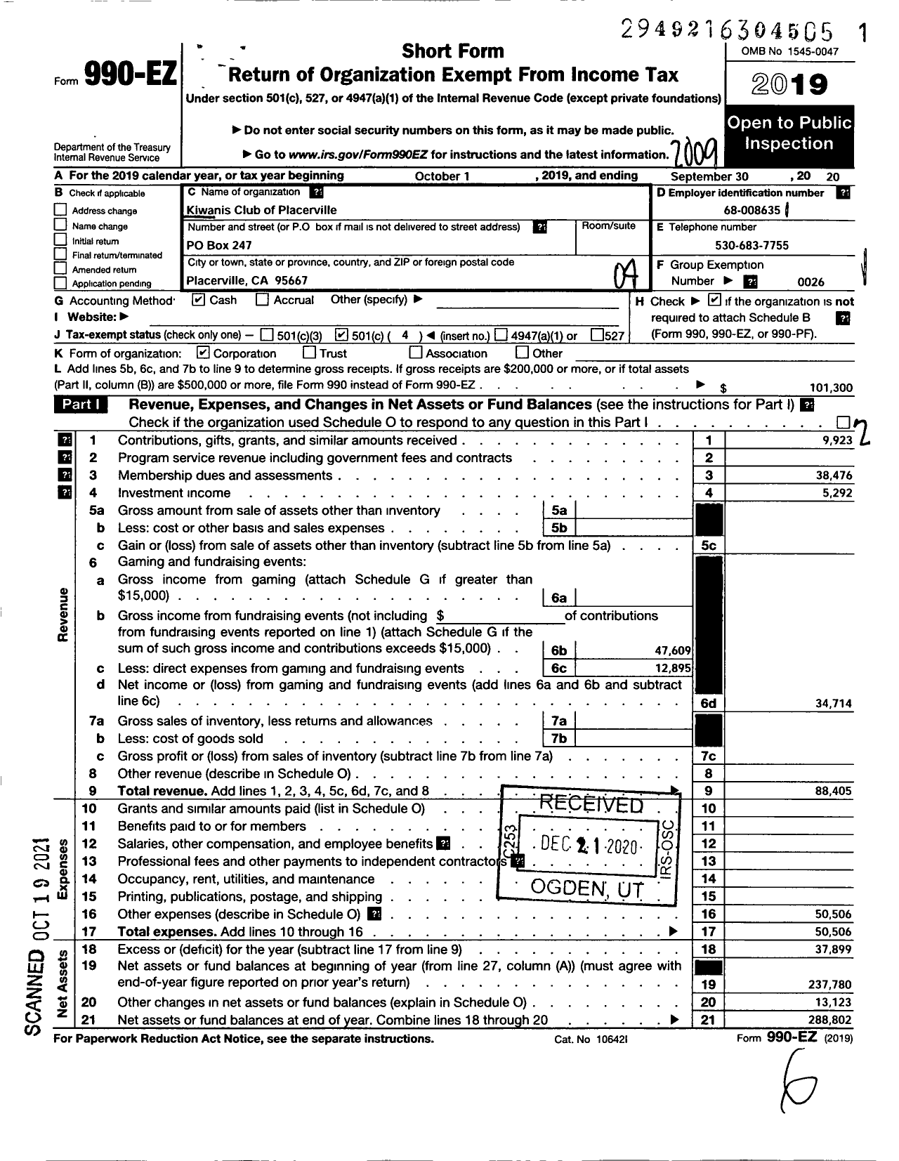 Image of first page of 2019 Form 990EO for Kiwanis International - K04599 Placerville