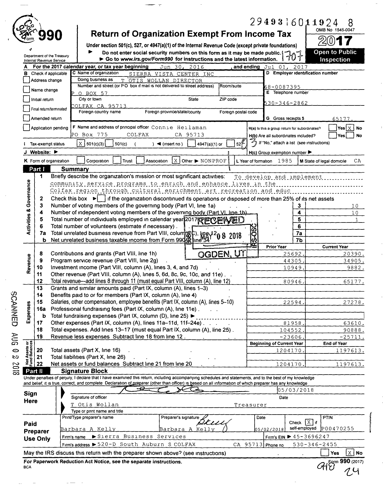 Image of first page of 2016 Form 990 for Sierra Vista Center