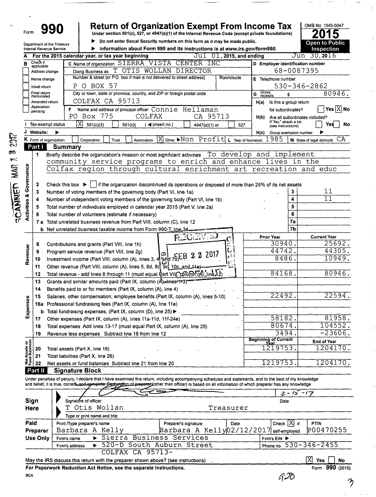 Image of first page of 2015 Form 990 for Sierra Vista Center