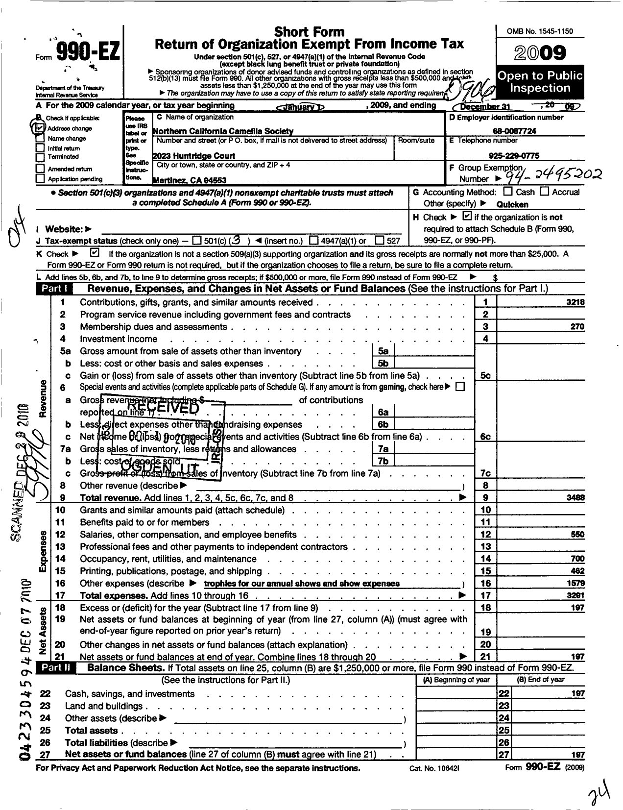 Image of first page of 2008 Form 990EZ for Northern California Camellia Society