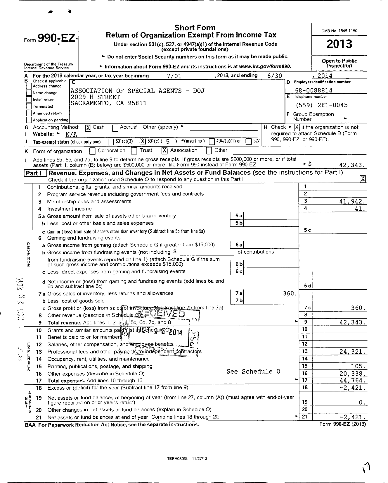 Image of first page of 2013 Form 990EO for Association of Special Agents-Department of Justice