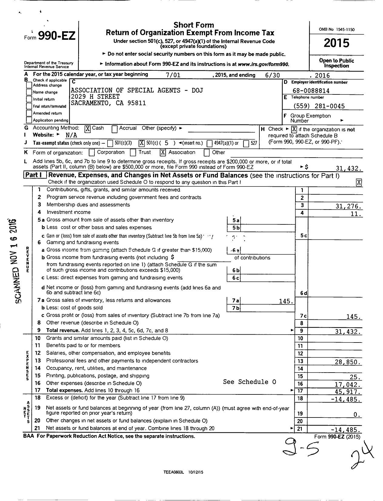 Image of first page of 2015 Form 990EO for Association of Special Agents-Department of Justice