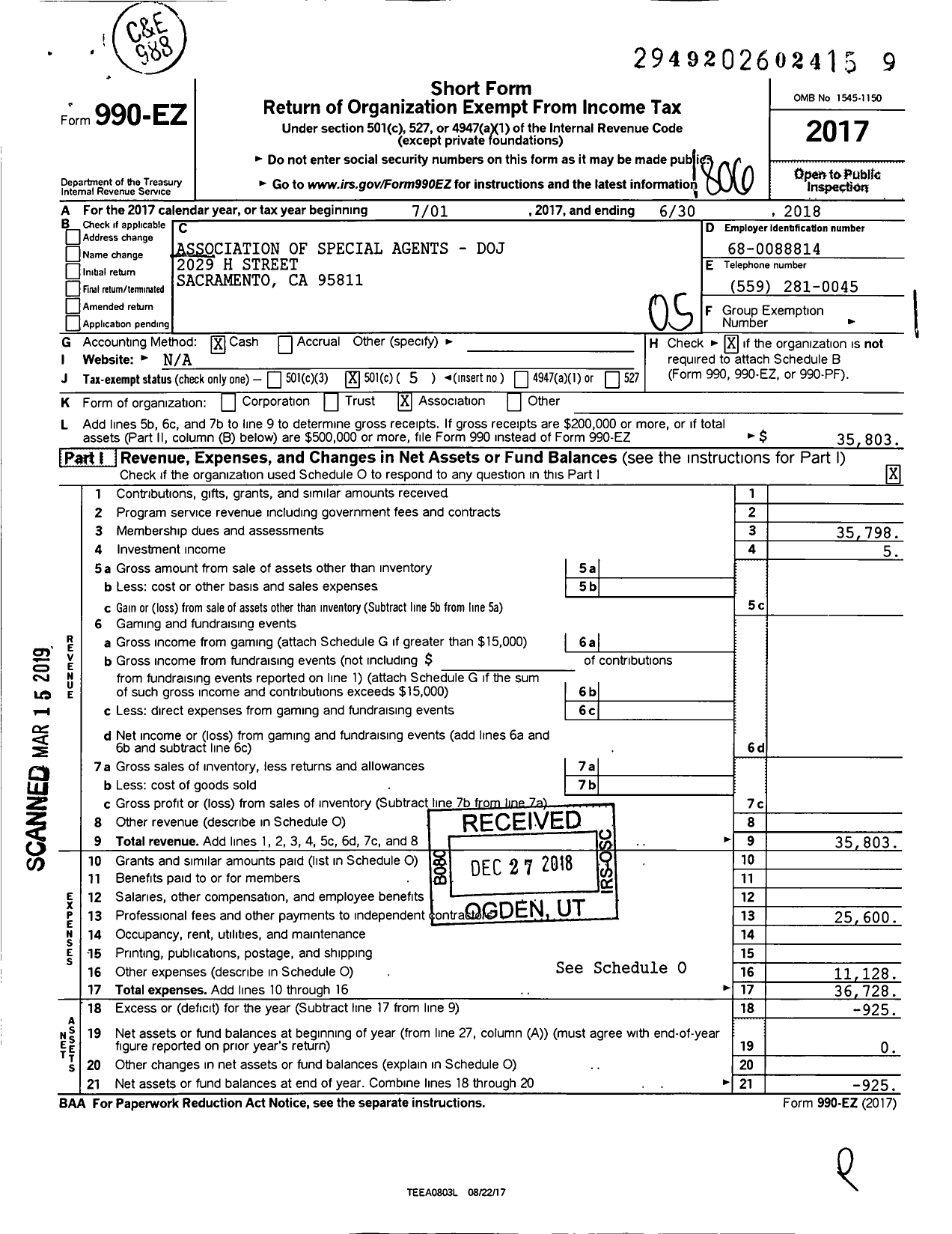 Image of first page of 2017 Form 990EO for Association of Special Agents-Department of Justice