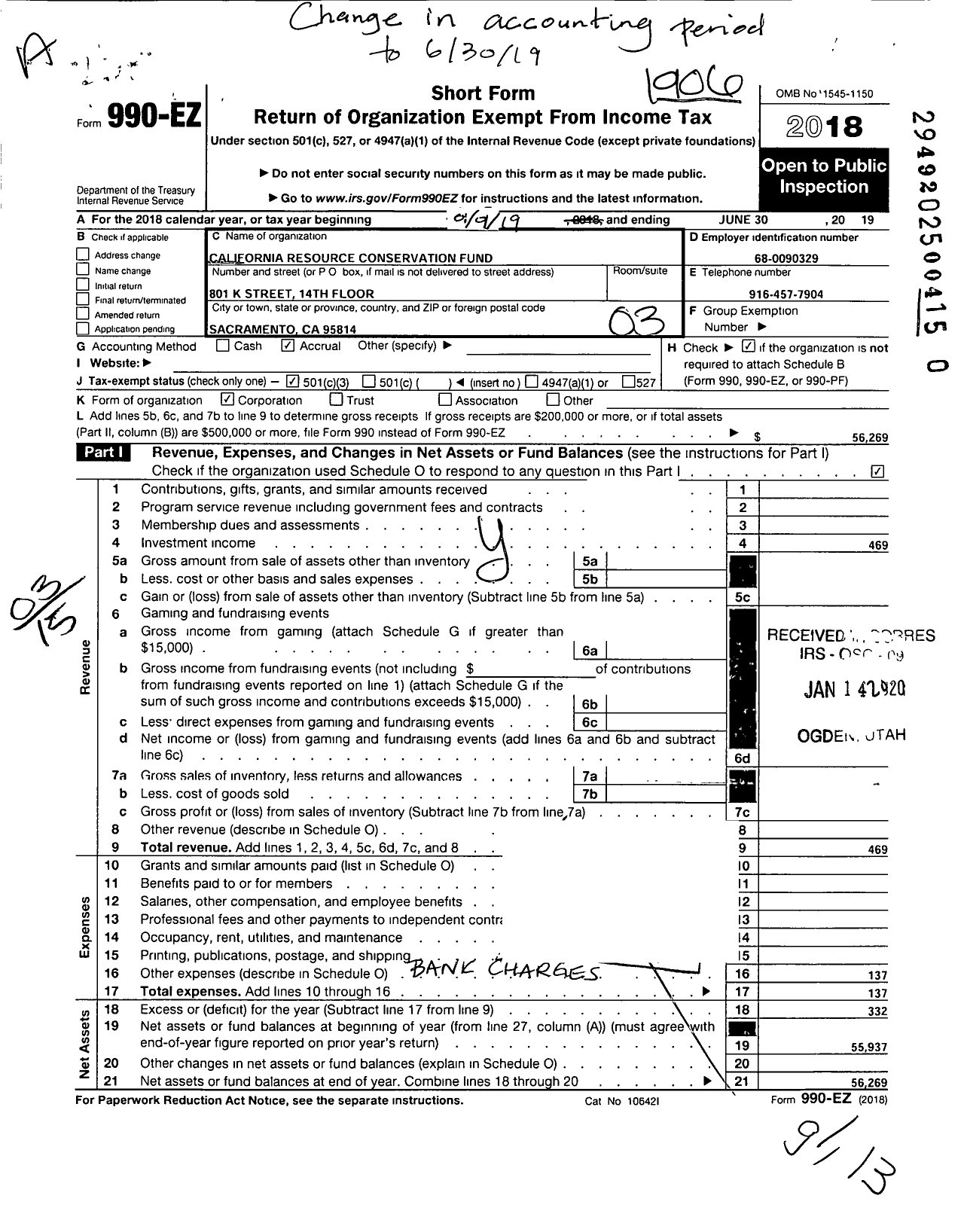 Image of first page of 2018 Form 990EZ for California Resource Conservation Fund