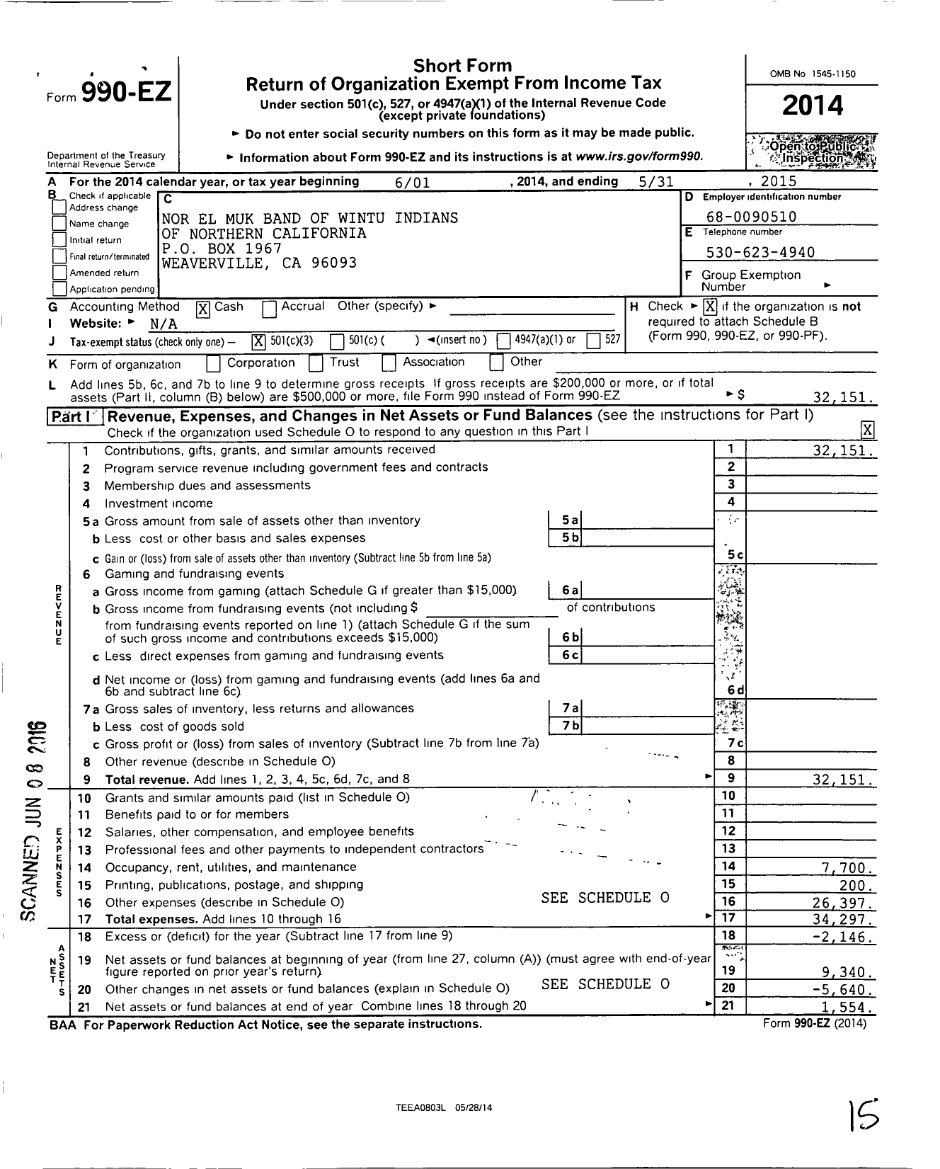 Image of first page of 2014 Form 990EZ for Nor El Muk Band of Wintu Indians of Northern California