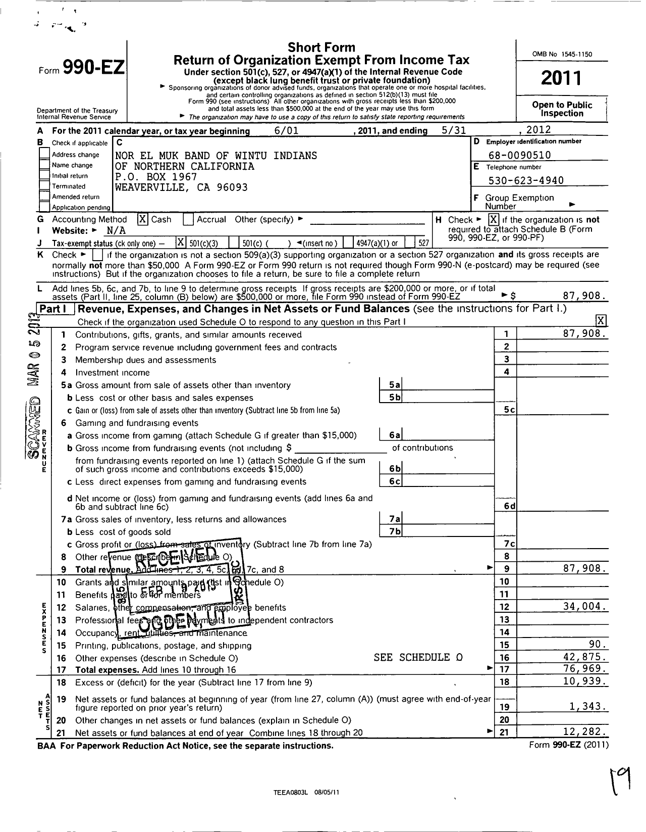 Image of first page of 2011 Form 990EZ for Nor El Muk Band of Wintu Indians of Northern California