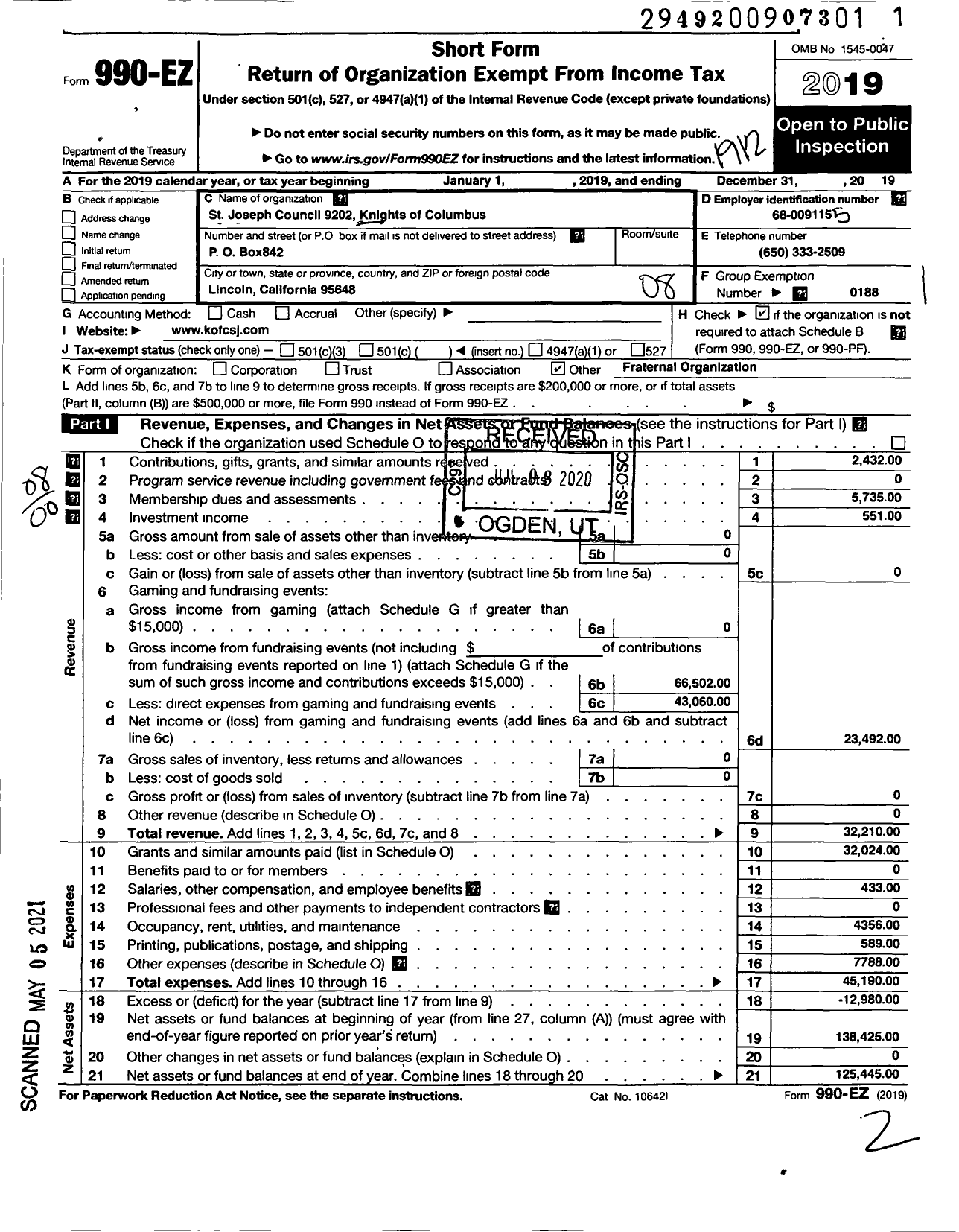 Image of first page of 2019 Form 990EO for Knights of Columbus - 9202 St Josephs Council