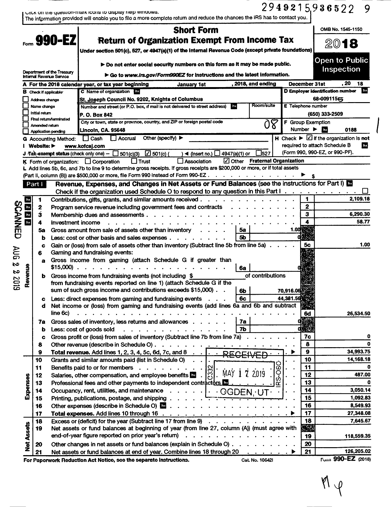 Image of first page of 2018 Form 990EO for Knights of Columbus - 9202 St Josephs Council