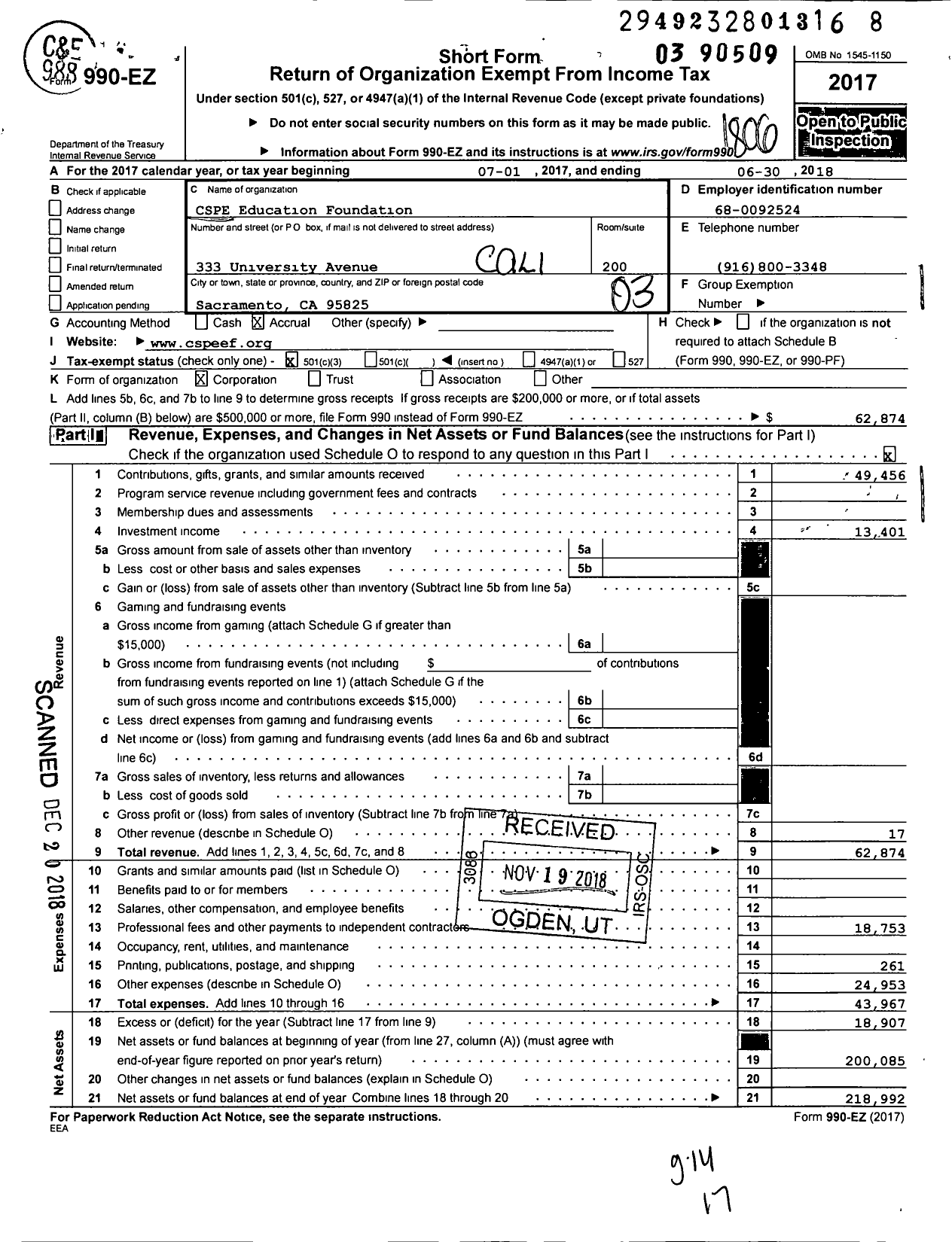 Image of first page of 2017 Form 990EZ for California Society of Professional Engineers Educa