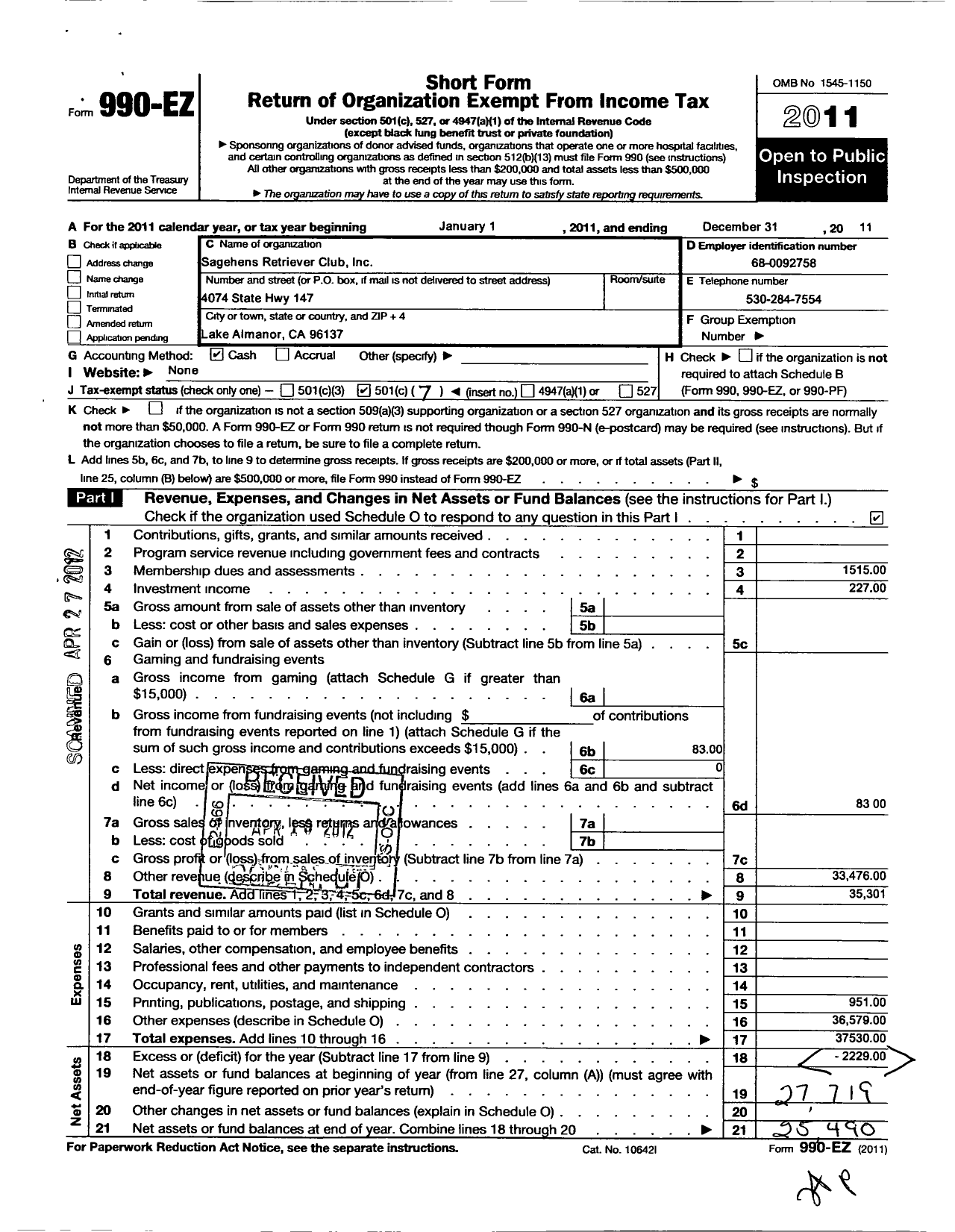 Image of first page of 2011 Form 990EO for Sagehens Retriever Club