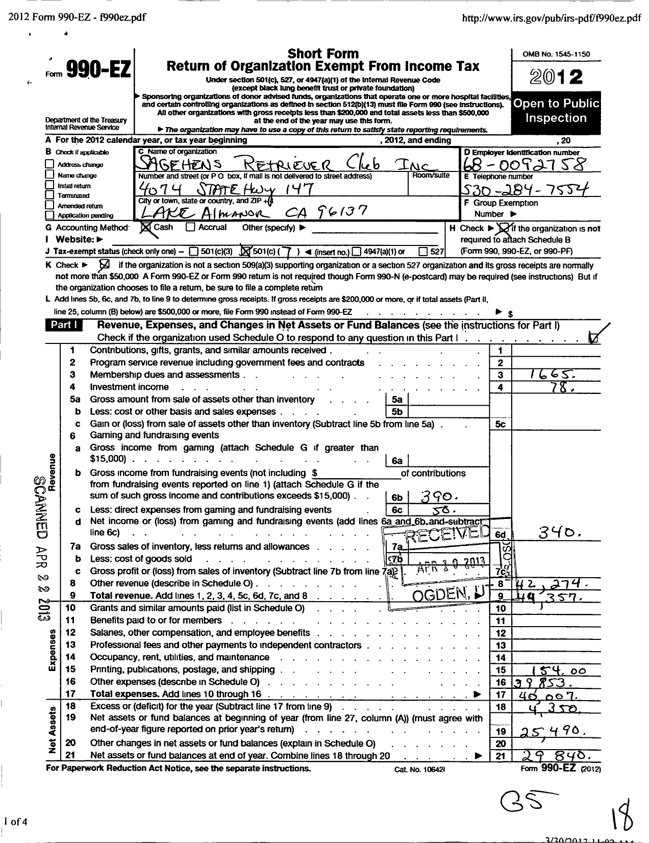 Image of first page of 2012 Form 990EO for Sagehens Retriever Club