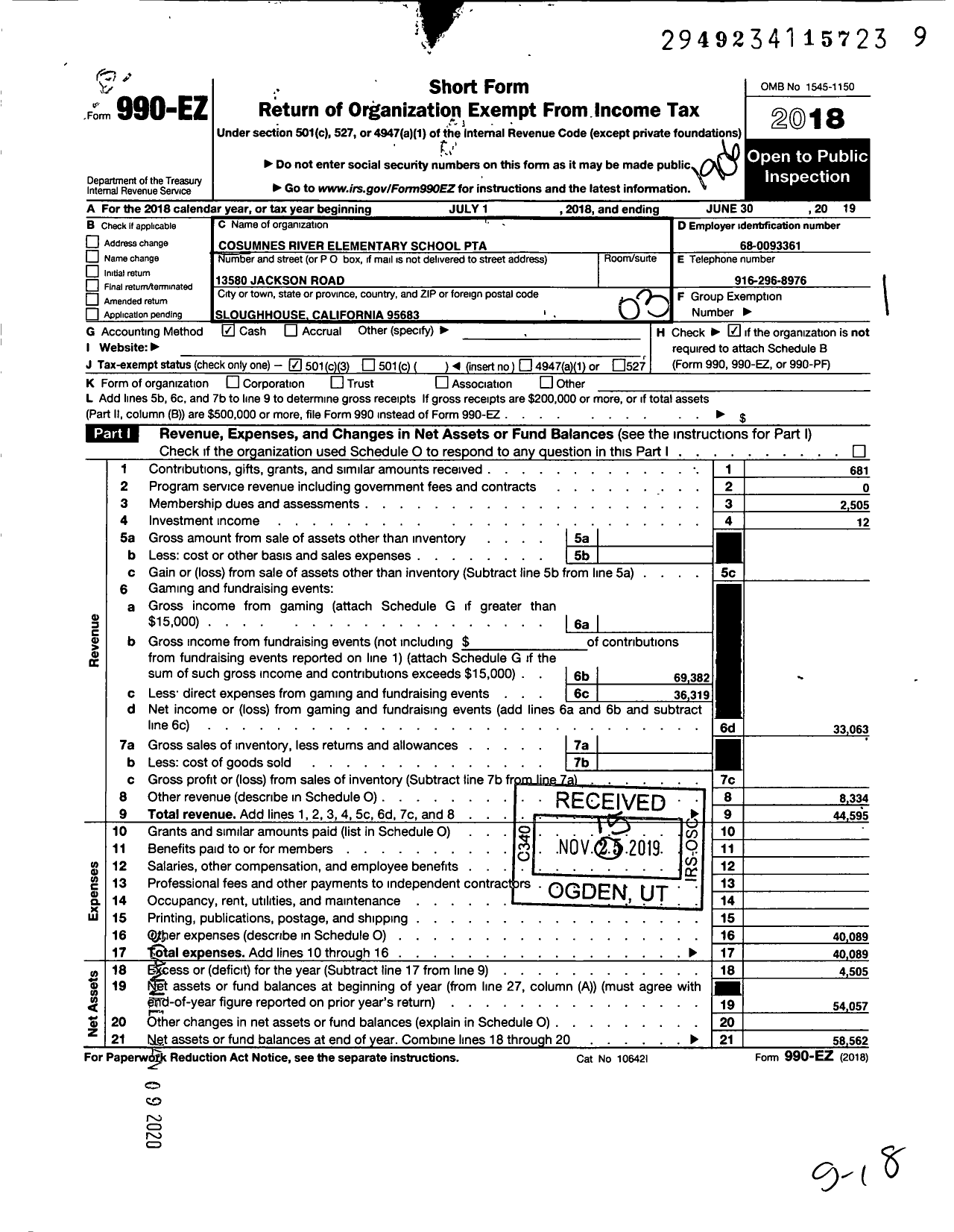 Image of first page of 2018 Form 990EZ for California State PTA - 3587 Cosumnes River Elementary PTA